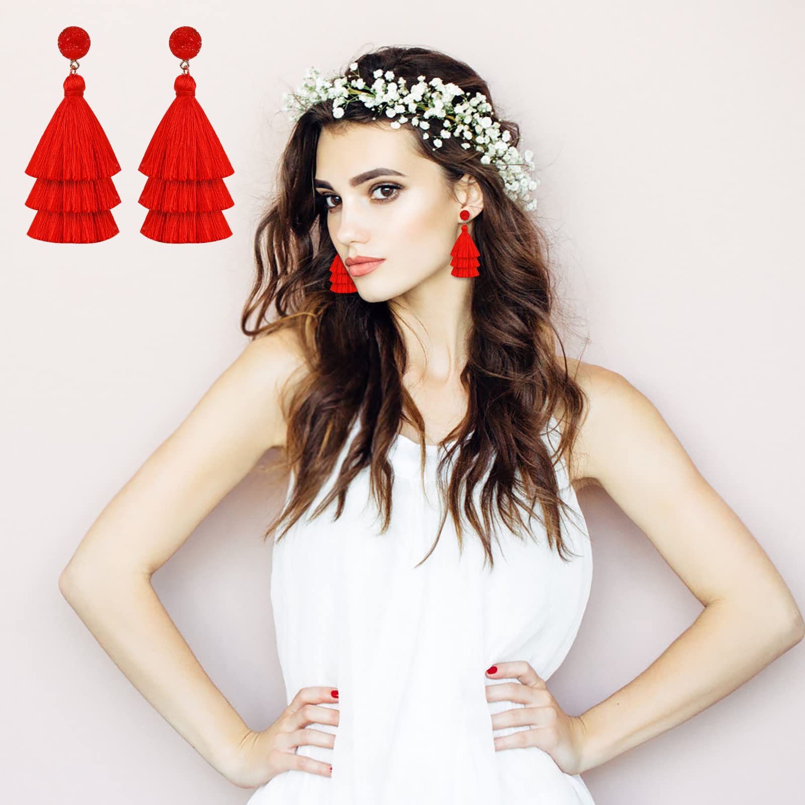 Pendientes Bohemios Borla Capas Colgantes Boho Hilo Rojo Mujer