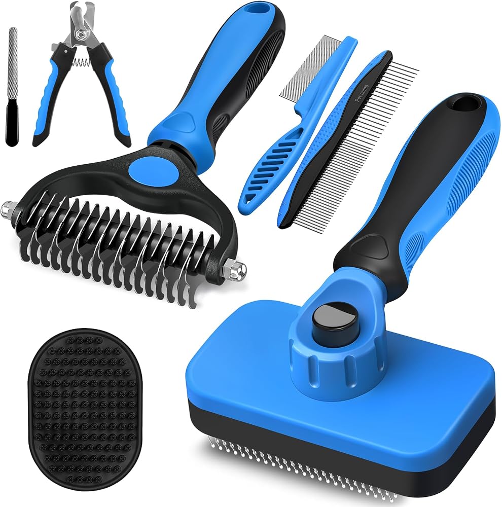 Professional 7 in 1 Pet Grooming kit I Dog Brush & Cat Brush I Dog&Cat Comb I Dog&Cat Nail Clipper/Trimmers with Nail File I Dog Bath Brush I Dog&Cat Flea Comb I Pet Supplies(Deep Blue)