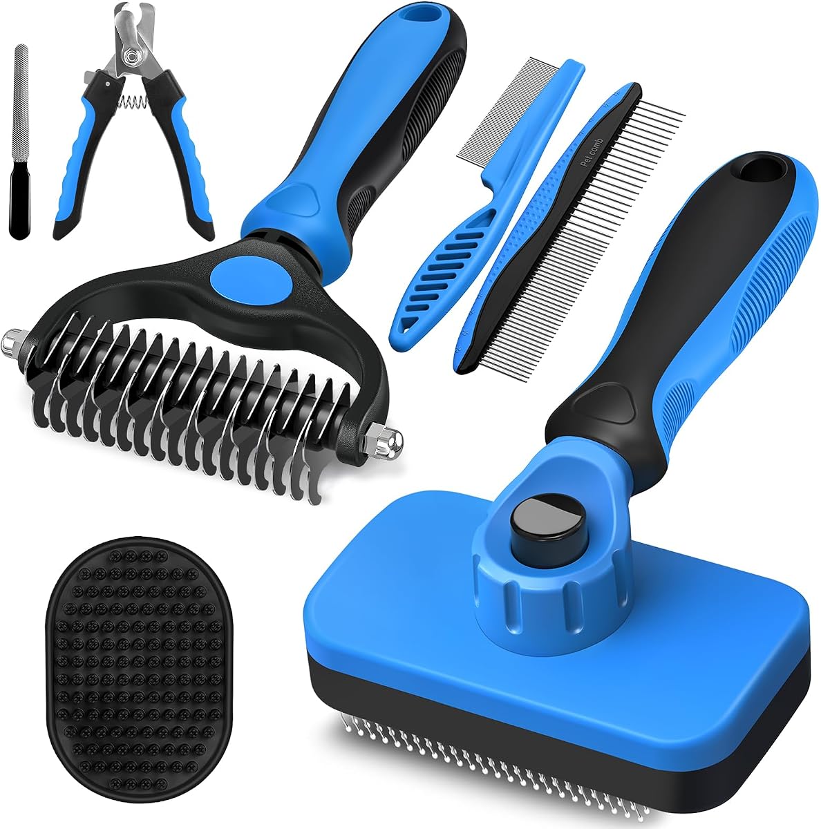 Kit de aseo profesional 7 en 1 para mascotas I Cepillo para perros y gatos I Peine para perros y gatos I Cortauñas para perros y gatos/cortauñas con lima de uñas I Cepillo de baño para perros I Peine contra pulgas para perros y gatos I Suministros para mascotas (azul profundo)