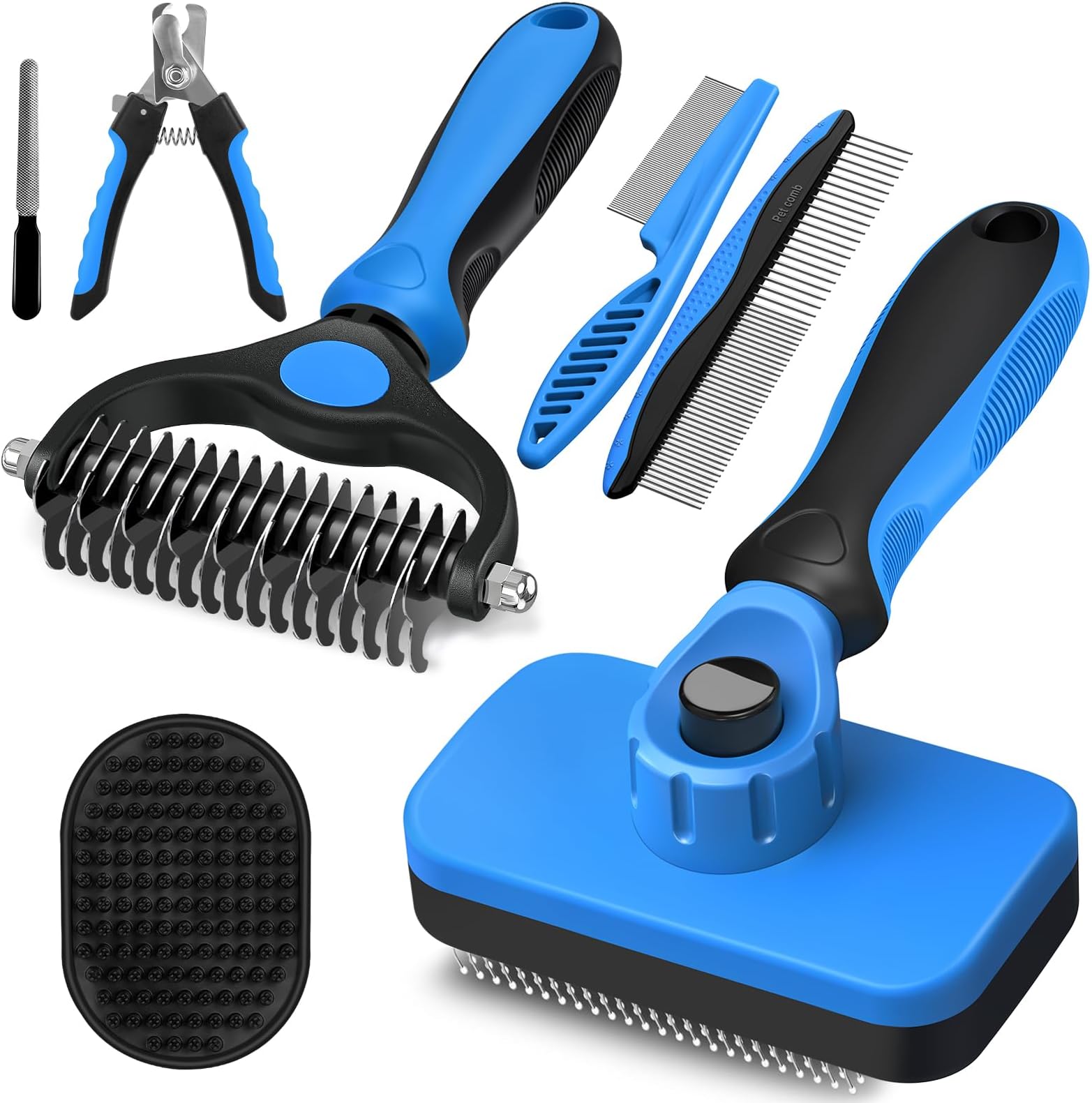 7 in 1 Pet Grooming Kit - Dog&Cat Comb, Deshedding Brush, Nail Clipper with File, Bath Brush - Premium Pet Supplies (Blue)