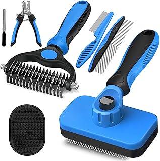 Augwind 7 in 1 Pet Grooming Kit - Dog&Cat Comb, Deshedding Brush, Nail Clipper with File, Bath Brush - Premium Pet Supplies (Blue)