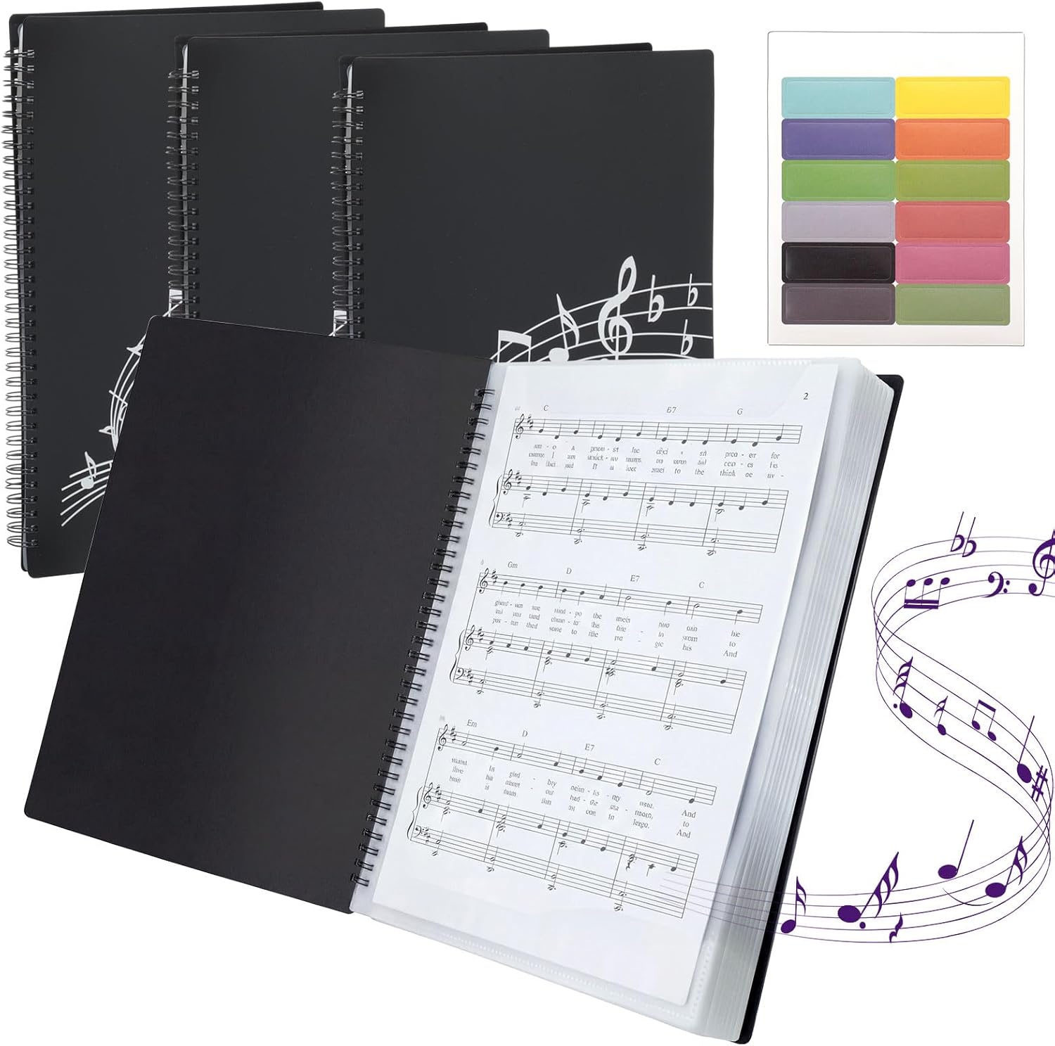 4 Pcs Black Sheet Music Folder Piano Sheet Holder Display with Labels 80 Pages Spiral Binder Organizer for Music Stand Artist Choirs Marching Band Writable Fits Letter Size 8.5 x 11 Inch