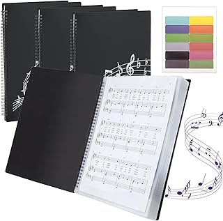 4 Pcs Black Sheet Music Folder Piano Sheet Holder Display with Labels 80 Pages Spiral Binder Organizer for Music Stand Artist Choirs Marching Band Writable Fits Letter Size 8.5 x 11 Inch