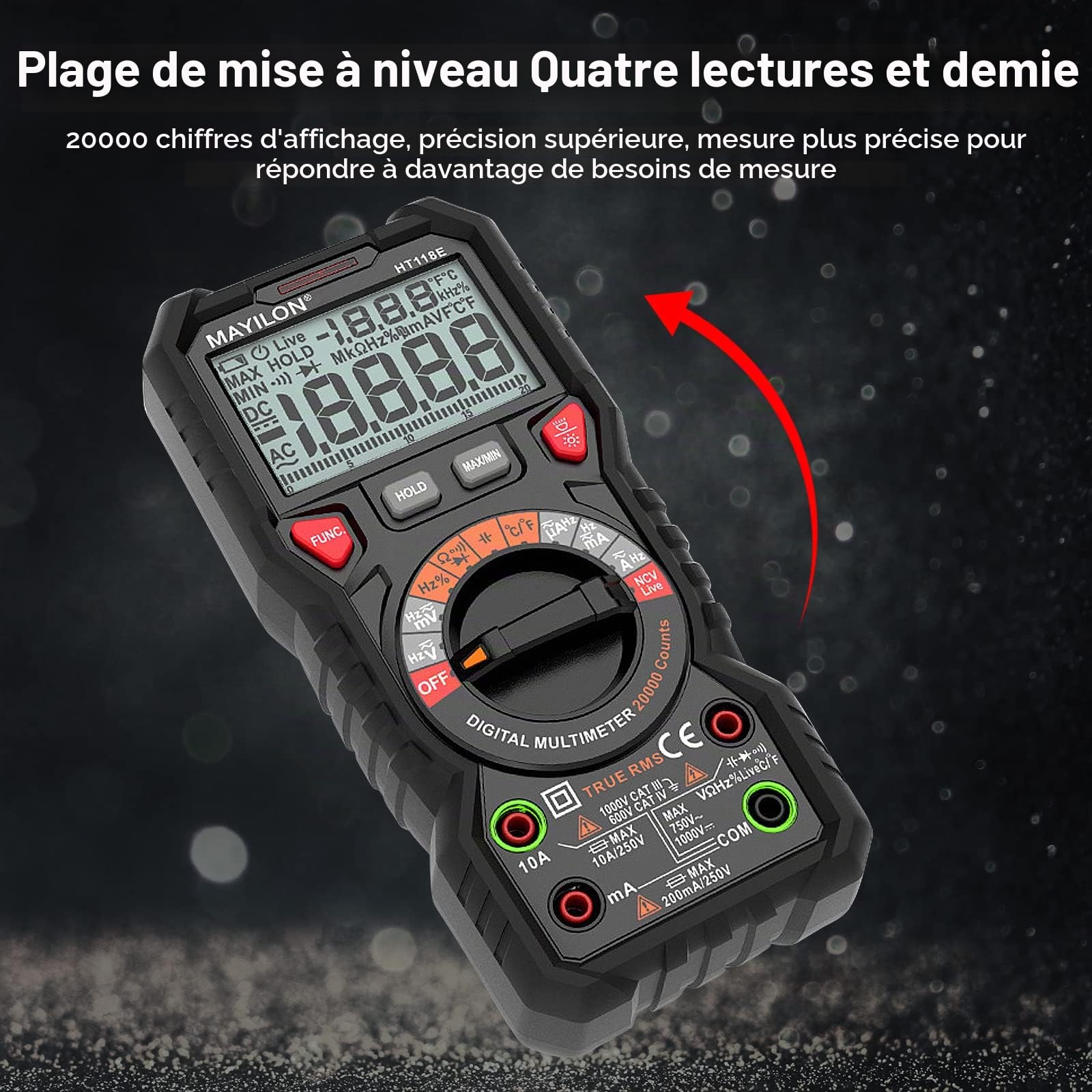 HT118E 20000 Compte Multimètre Numérique, Compteur Courant True RMS avec NCV et Détection de Fil en Direct, Mesure Tension AC/DC Courant, Capacité, Résistance, Diodes, Fréquence, Continuité