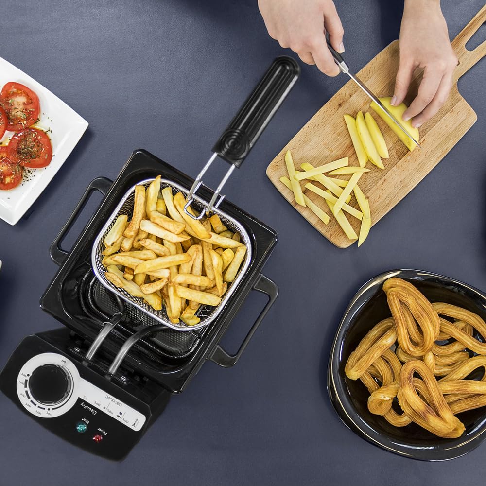 Cecotec Friteuse électrique avec huile Cleanfry 1,5 l, 1 000 W, acier inoxydable, filtre OilCleaner, température 190 °C, cuve émaillée, passe au lave-vaisselle, indicateur lumineux, surchauffe