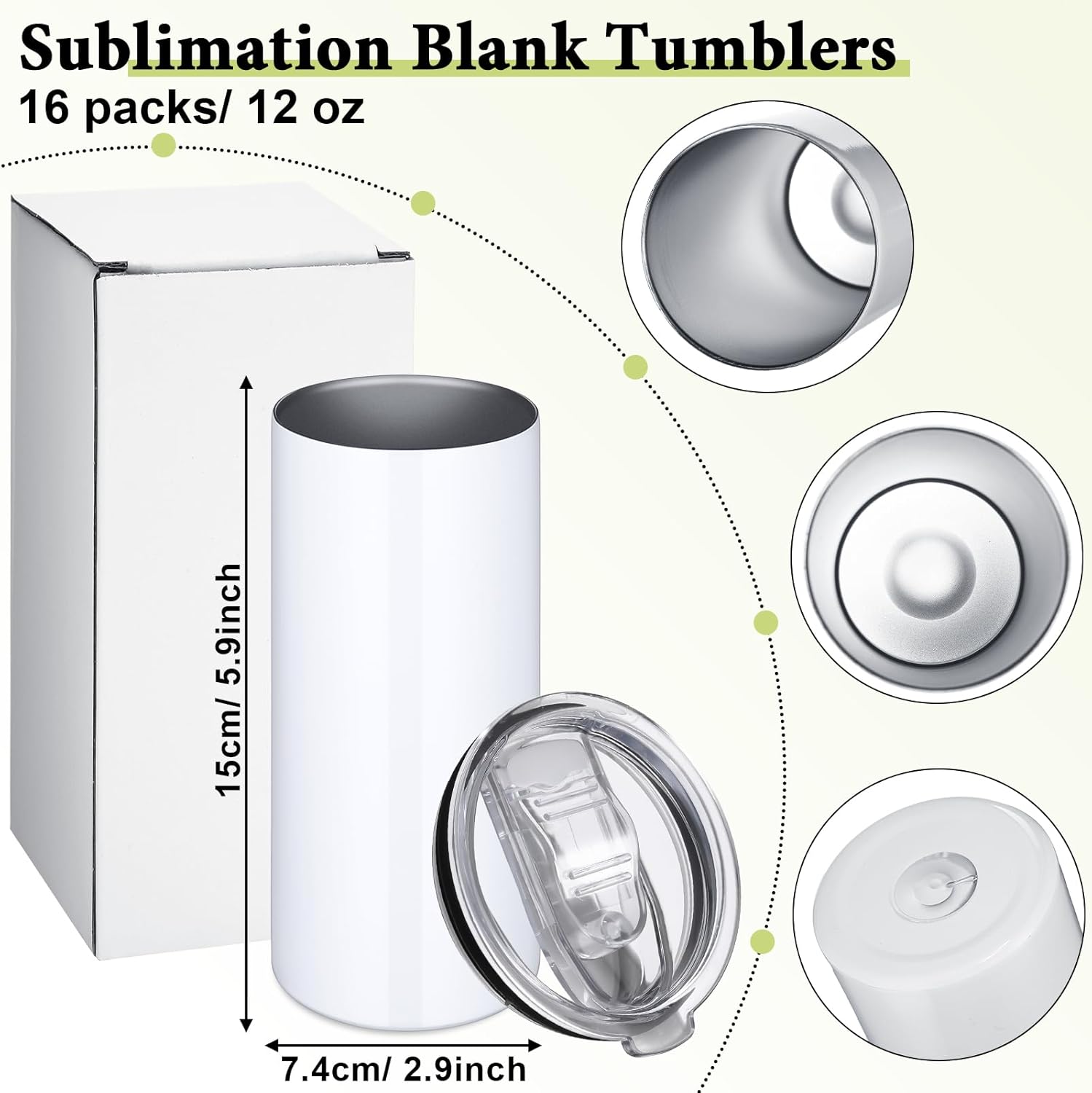 Vesici 16 Pack Sublimation Tumblers Bulk, 12 oz Blank Mugs White Stainless Steel Straight Skinny Slim Can Cooler with Lids Double Wall Vacuum Insulated Water Cups for DIY Coffee Tea Drink