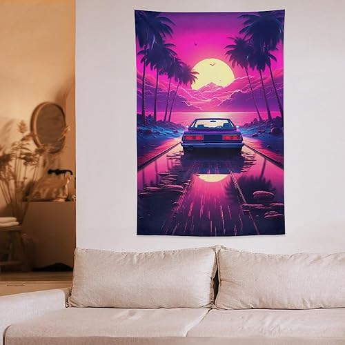 Miniatura 6 de QEOPGNE Synthwave - Tapiz morado para automóvil deportivo de anime, arte de pared de automóvil de carreras de neón, Vaporwave de neón, decoración de