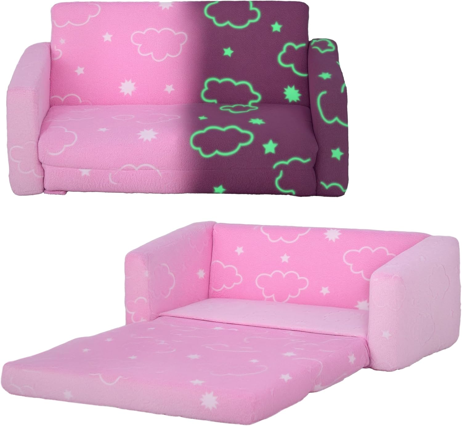 Qaba 2 in 1 Kids Sofa Chair, Toddler Couch with Glow in The Dark Cosmic Patten, Washable Cover, Fold Out Convertible Sofa to Lounger for Playroom Bedroom, Pink