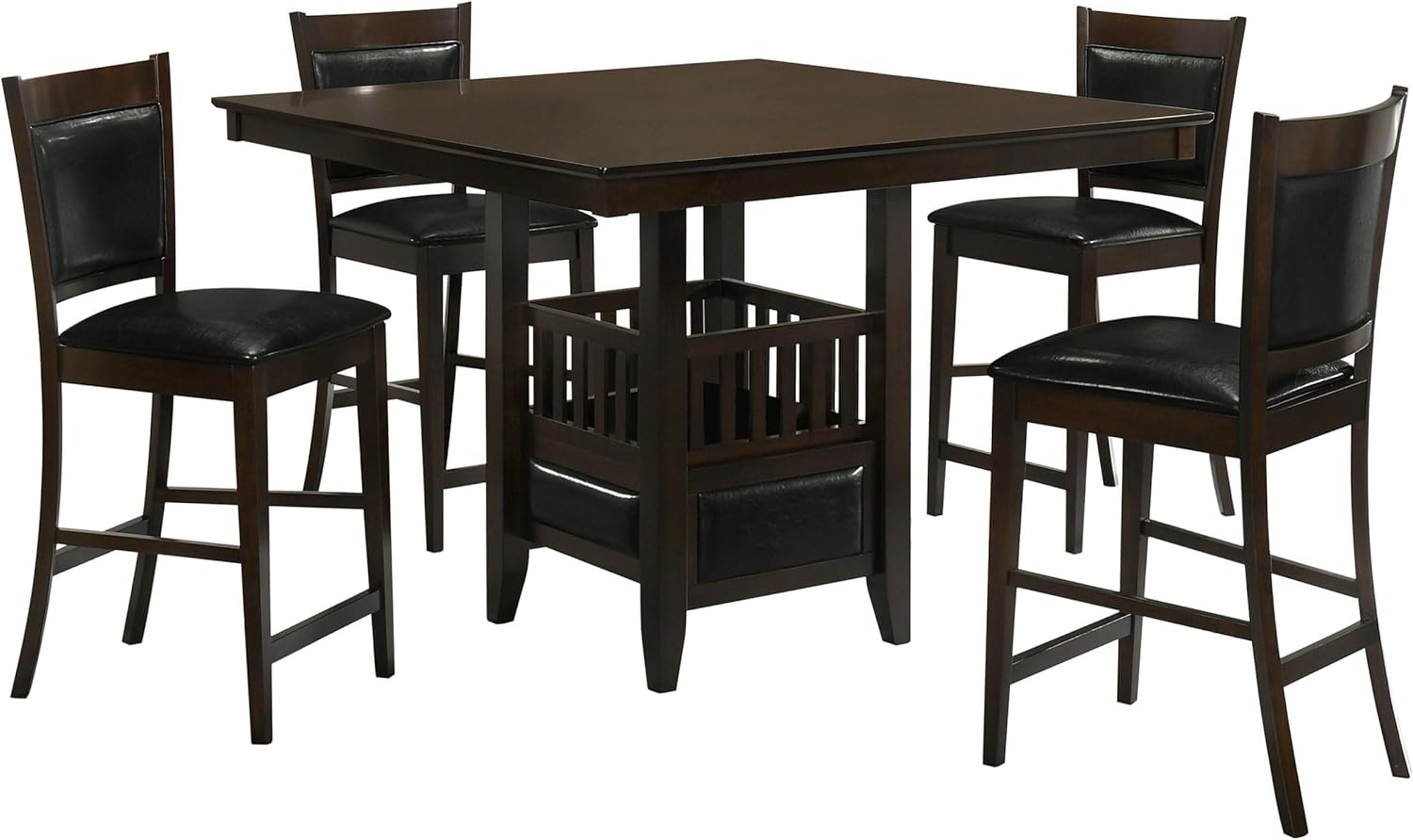 BOWERY HILL 5 Piece Counter Height Dining Set, Cappuccino Finish, Includes Table with Storage Cabinet and Wine Glass Holders, 4 Faux Leather Upholstered Stools, Modern Dining Room Furniture
