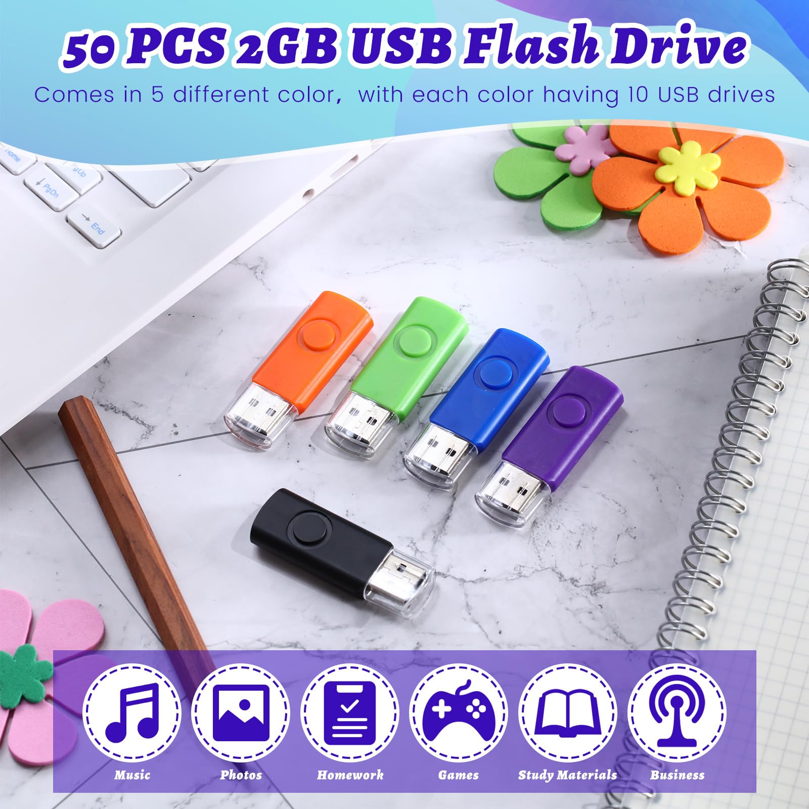Kanayu Paquete de 50 unidades flash USB de 2 GB, pequeñas unidades de pulgar 2.0, unidades flash USB de memoria rápida para almacenamiento externo y copia de seguridad, adecuadas para portátiles