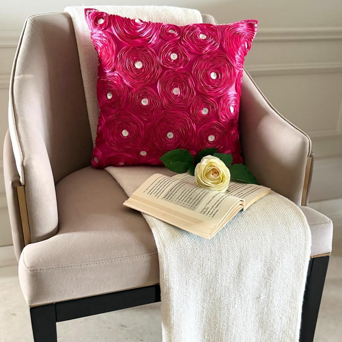 The HomeCentric Decorative Pillow Cover, Fuchsia Pink Decorative Pillow Covers 16x16 inch (40x40 cm) Silk Throw Pillows for Couch, Nature & Floral, Ribbon Embroidery, Modern Designer - Fuchsia Power