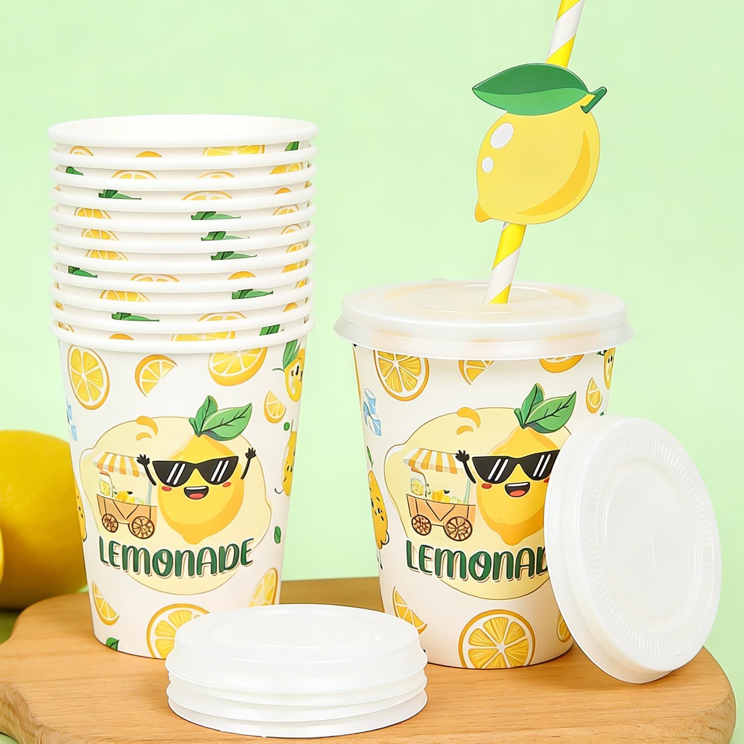 Lemonade Stand Party Supplies - 300PCS 9 Oz Fresh Lemonade Cups with Lids and Lemon Drinking Straws Disposable, Lemon Drink Fruit Juice Paper Cup Decorations for Party (100 Pack)