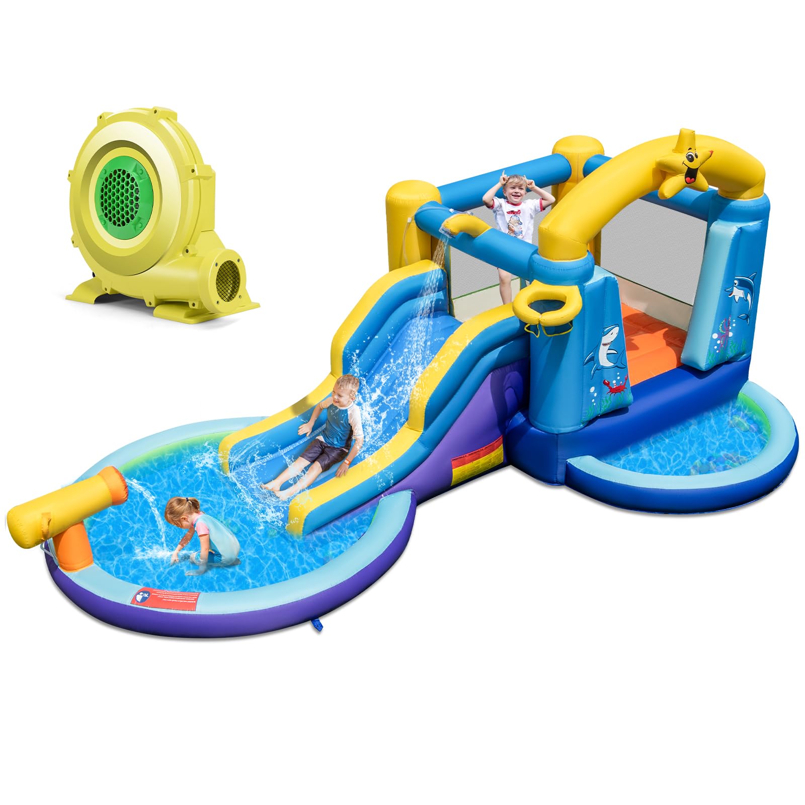 LIFEZEAL Castillo Hinchable para niños de 3 a 10 años, Tema Marino, Parque Inflable con soplador, tobogán, Cama elástica, Piscinas, Canasta de Baloncesto, cañón de Agua, 50 Bolas, 490 x 290 x 220cm