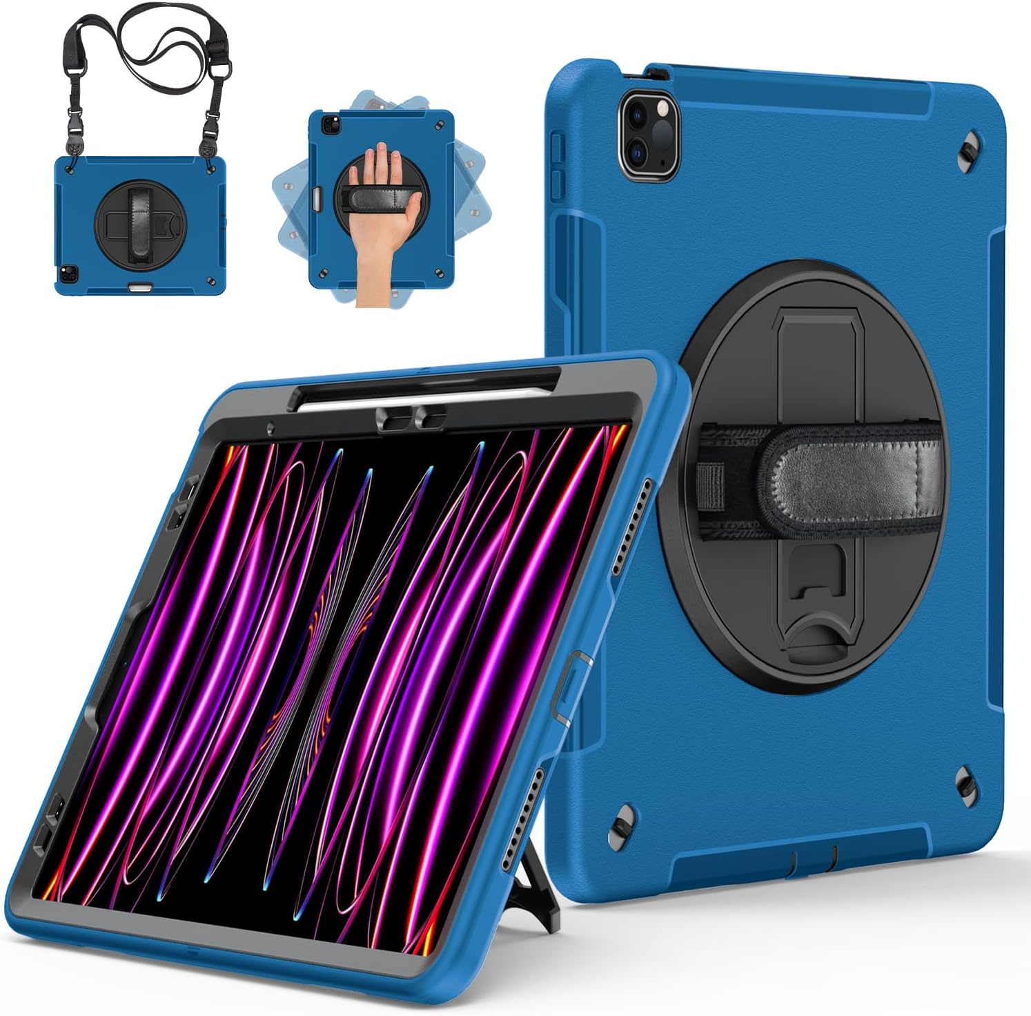 Miesherk Case for iPad Pro 12.9 Inch 6th/5th/4th Generation, Military Grade Heavy Duty Shockproof iPad Pro 12.9 Case - Rotating Stand, Pencil Holder, Hand/Shoulder Strap, Blue