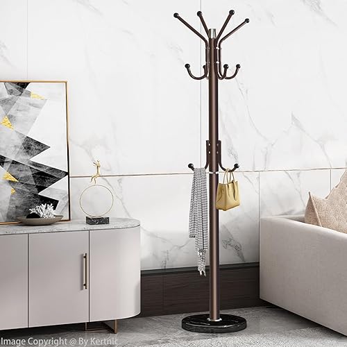Miniatura 9 de Kertnic Perchero de metal, perchero independiente con base estable de mármol, árbol de abrigo de alta calidad con 7 ganchos de metal para pasillo,