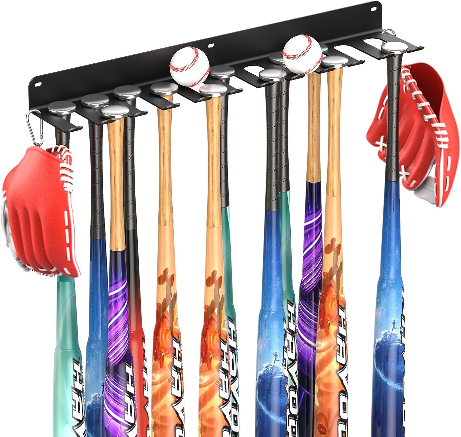 QBA Wall Mount Baseball Bat Holder, Heavy Duty Metal Bat Rack, Holds 22 Bats, Bats Organizer for Dugout Fence Home Garage (Black) 22 Bats - Black