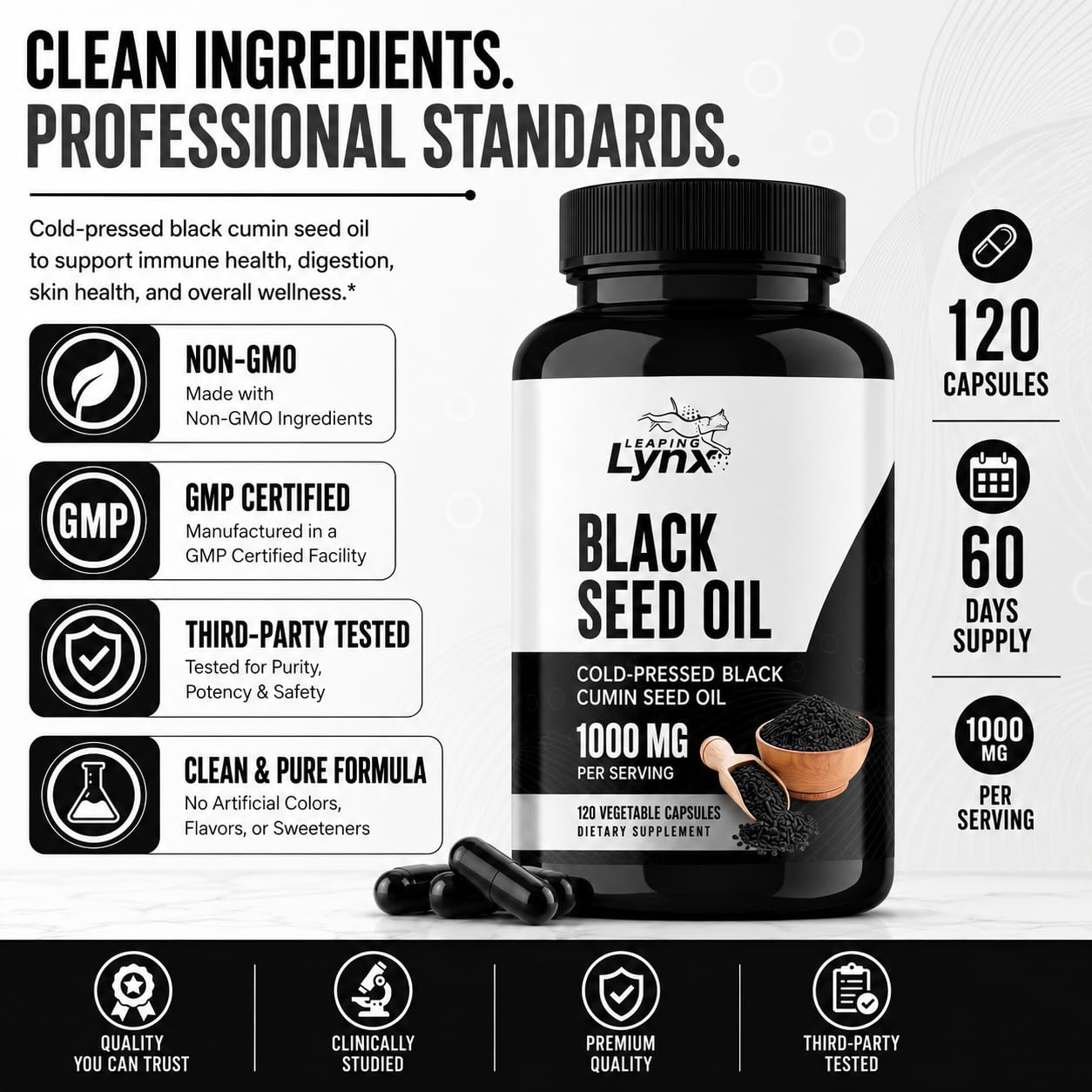 Leaping Lynx Black Seed Oil 1000mg Capsules – Cold-Pressed Nigella Sativa Black Cumin Seed Oil Supplement for Immune, Heart & Digestive Health – Non-GMO, 120 Capsules, 60-Day Supply — Amazon image 5