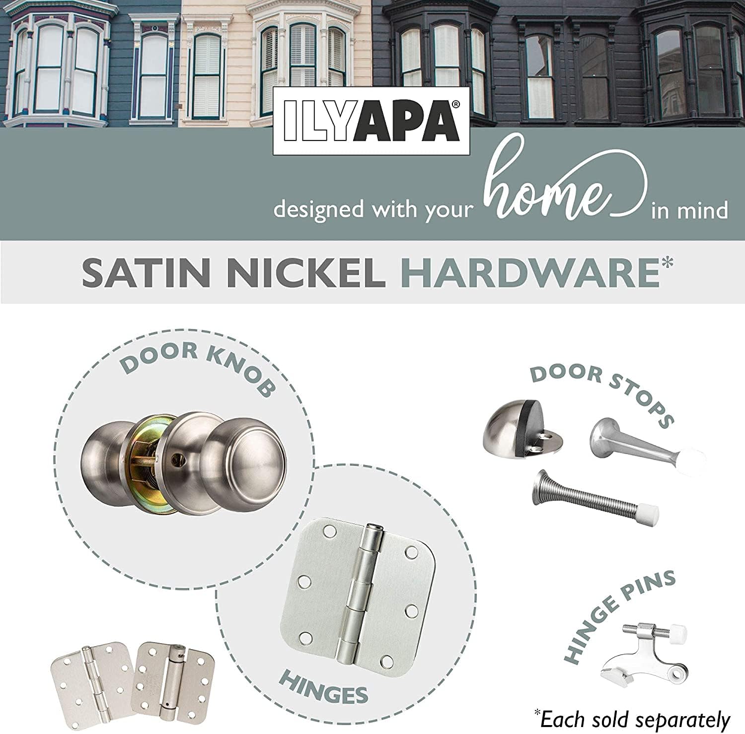 Ilyapa Passage Door Knob for Hall/Closet - Colonial, Satin Nickel Interior Keyless Non Locking Round Door Handle, Satin Nickel Round Door Knob, 10 Pack Passage Door Knobs