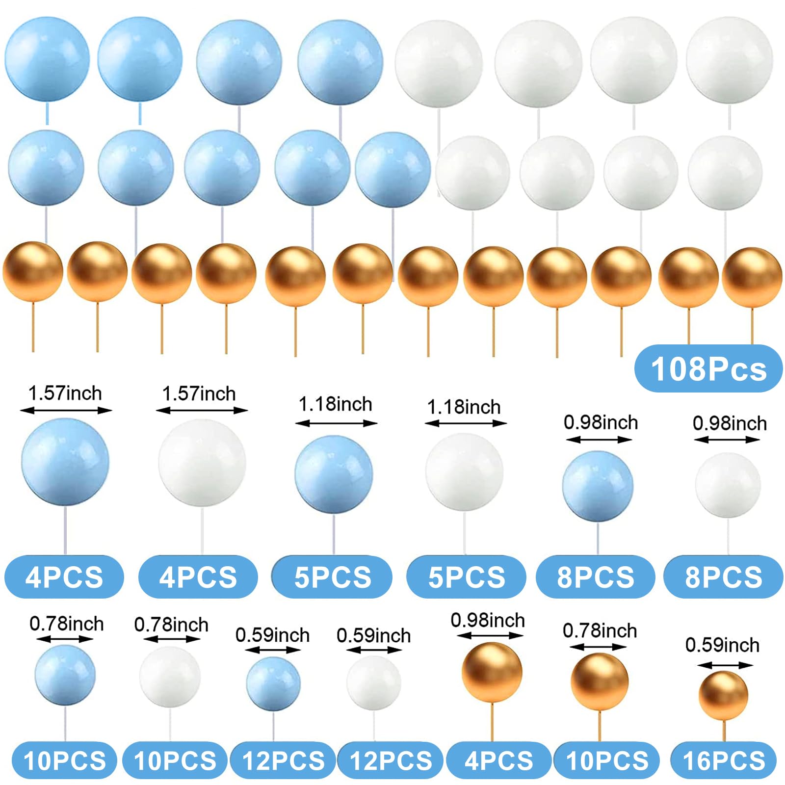 108 Pezzi Topper Torta Sfera in Schiuma,Mini Topper Torta Palloncino Cupcake Perle Balls Topper Foam Ball Torta Palloncino Cake Topper,per Anniversario,Matrimonio,Compleanno (Blu Bianco Oro)