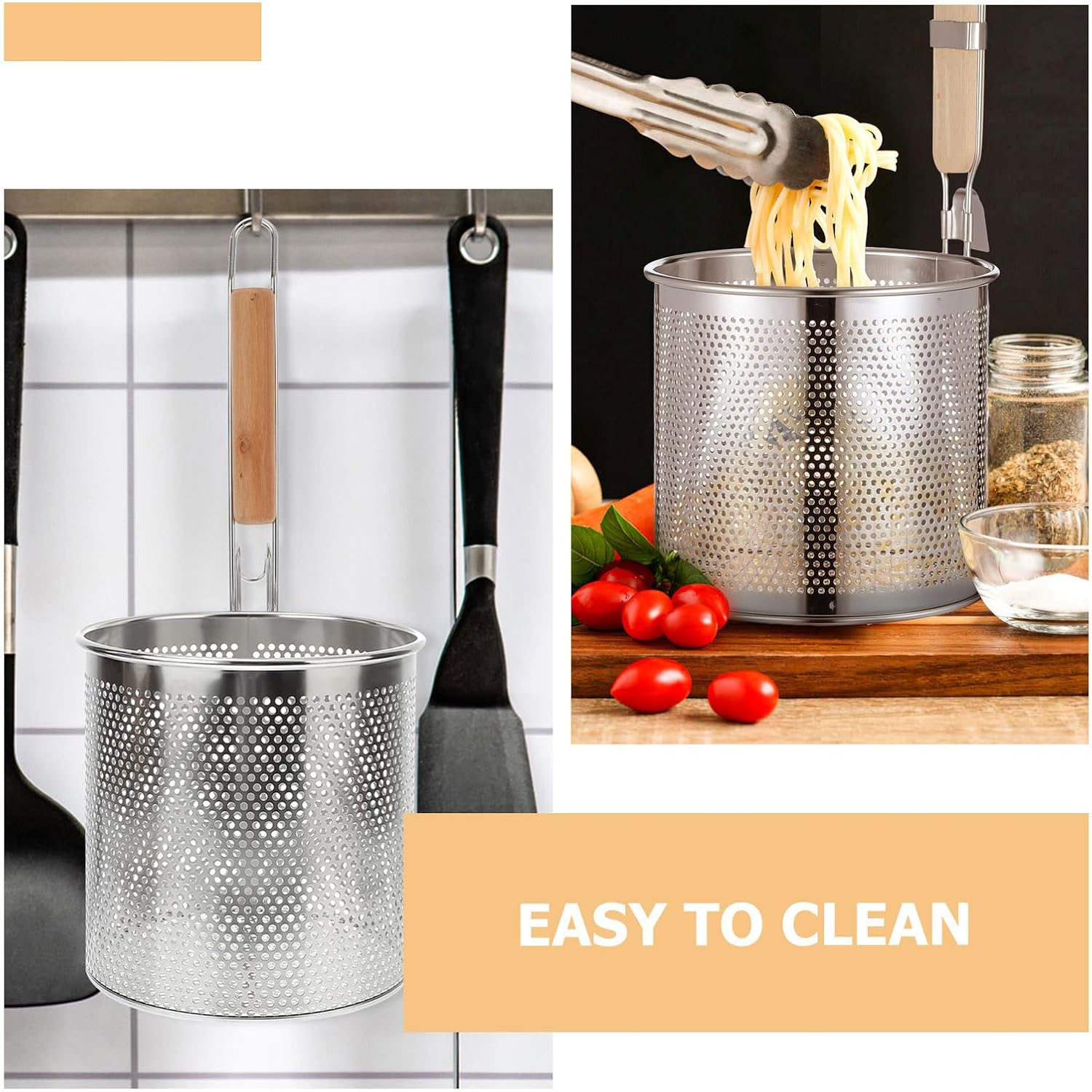 Outanaya 2pcs Stainless Steel Pasta Colander Basket Noodle Strainer with Fine Mesh for Quick Draining and Food Preparation in Kitchen, Versatile Kitchen Tool for Vegetables and Spaghetti