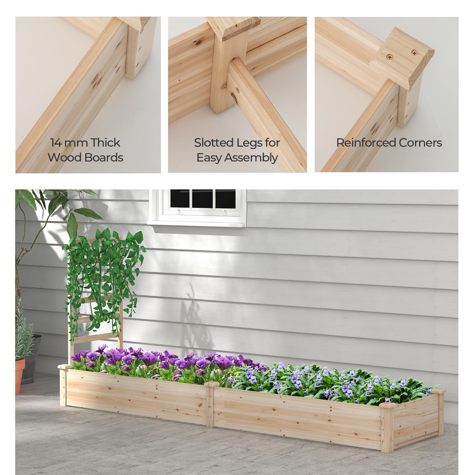 HOMASIS Fioriera con Traliccio in Legno di Pino, Aiuola Rialzata con Spalliera, Letto Rialzato da Giardino con Grigliato per Piante Rampicanti da Balcone (Naturale, 235 x 63 x 102 cm)