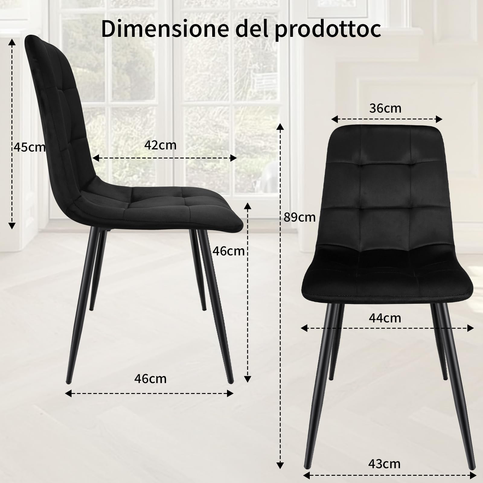 JIJIAN Set di 4 Sedie da Sala da Pranzo, Sedie da Cucina con Tessuto di Velluto e Gambe in Metallo Nero, Sedia Imbottita con Capacità di Carico di 120 kg, Nera