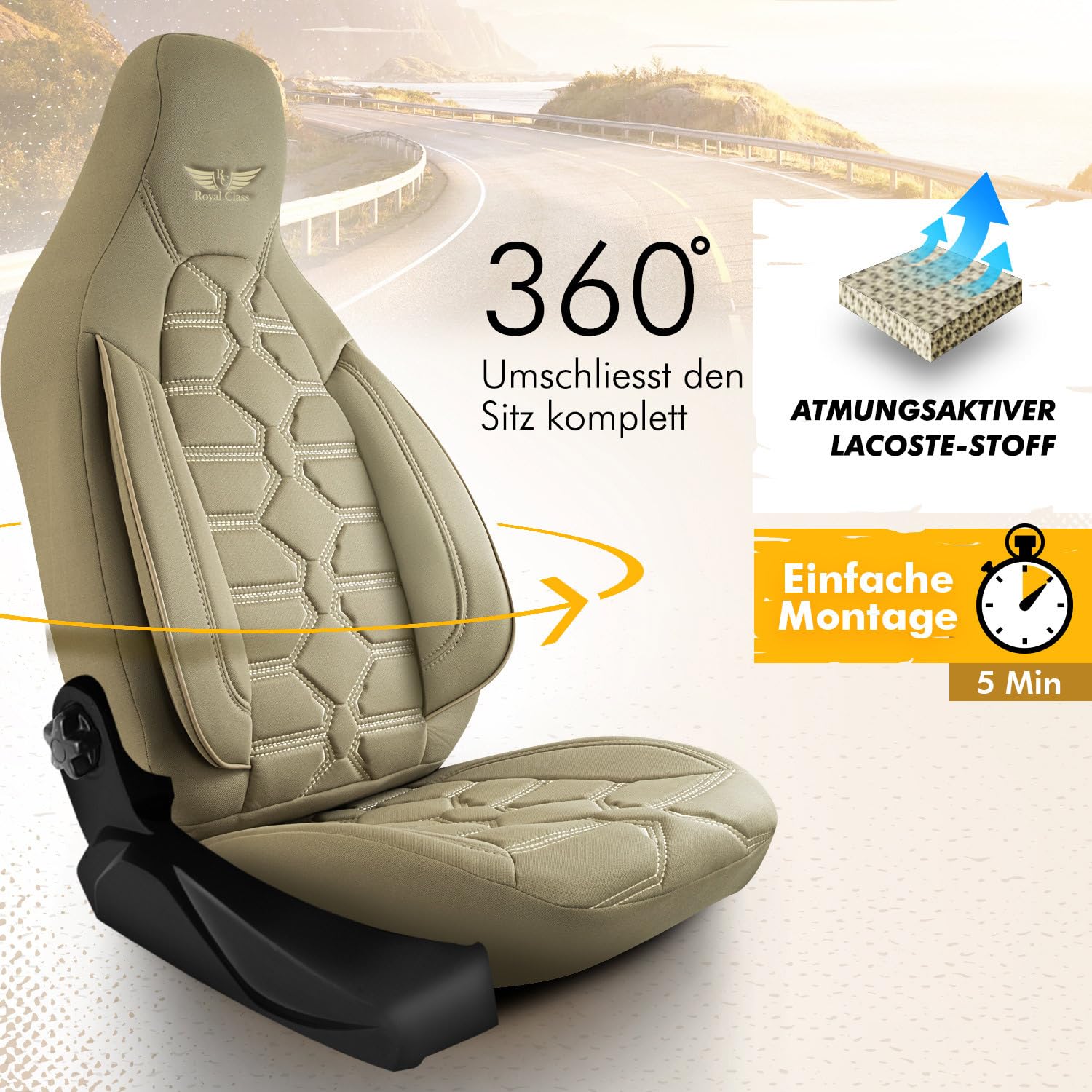 RC Royal Class Auto Sitzbezüge für Pilot Vordersitze Fahrer und Beifahrer kompatibel für Knaus Wohnmobil Caravan in Beige Pilot 2.3 das Sitzbezugsset Auto Zubehör Innenraum