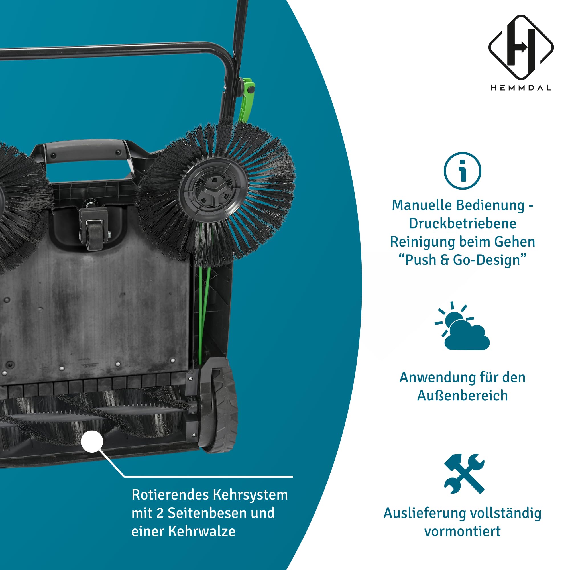 HEMMDAL Kehrmaschine HKM65 manuell | 65 cm Kehrbreite | 2.600 m²/h Kehrleistung | 20 l Behälter | Grau | für trockene Oberflächen im Außenbereich | höhenverstellbarer Soft-Griff | Handkehrmaschine