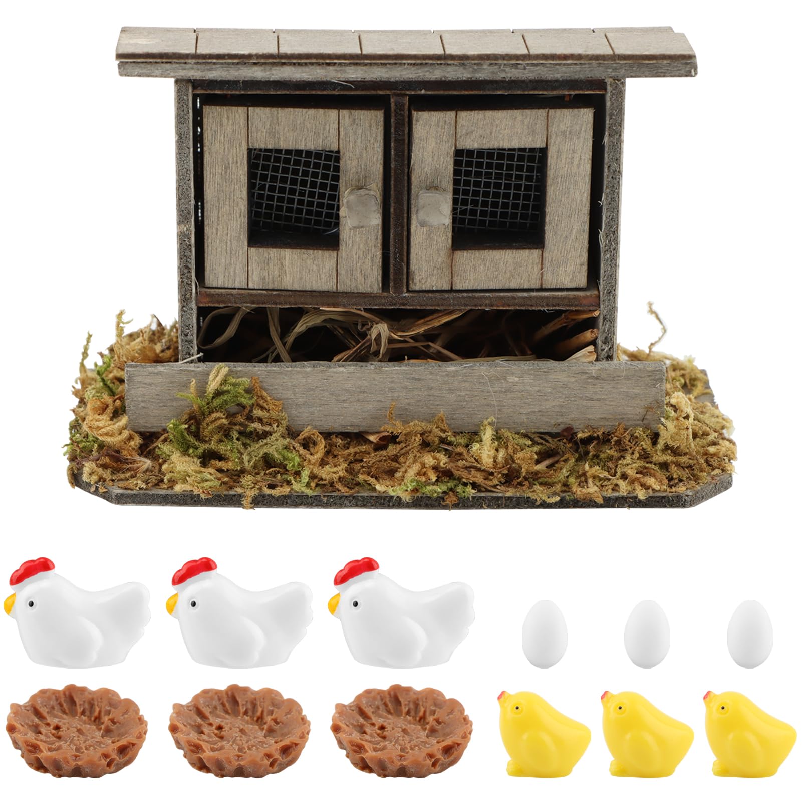 Restynic Miniature Chicken Coop Set, 13 Pieces, Wooden Coop with Hens, Chicks, Eggs and Nests, Farmhouse Decor for Fairy Gardens, DIY Mini Landscapes & Home Decor