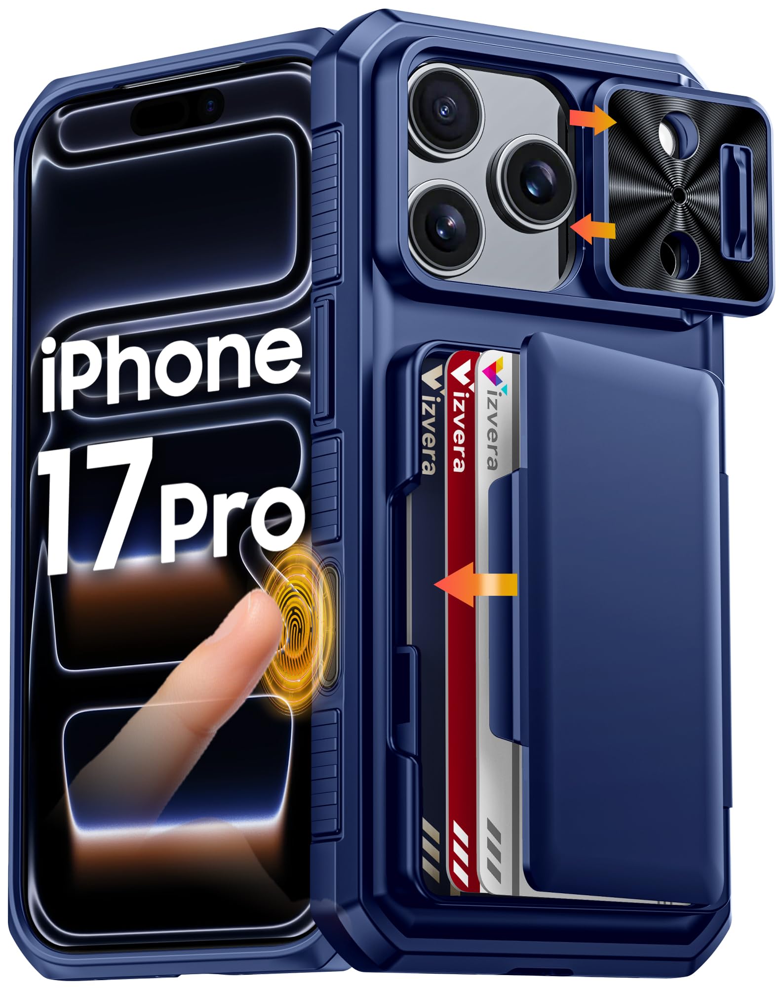 Photo 1 of Vizvera for iPhone 17 Pro Case Wallet RFlD [Cards Holder][Camera Control][Camera Cover] Full Body Rugged Shockproof Silicone Protective Phone Case for iPhone 17 Pro 6.3'' 2025(Blue)
