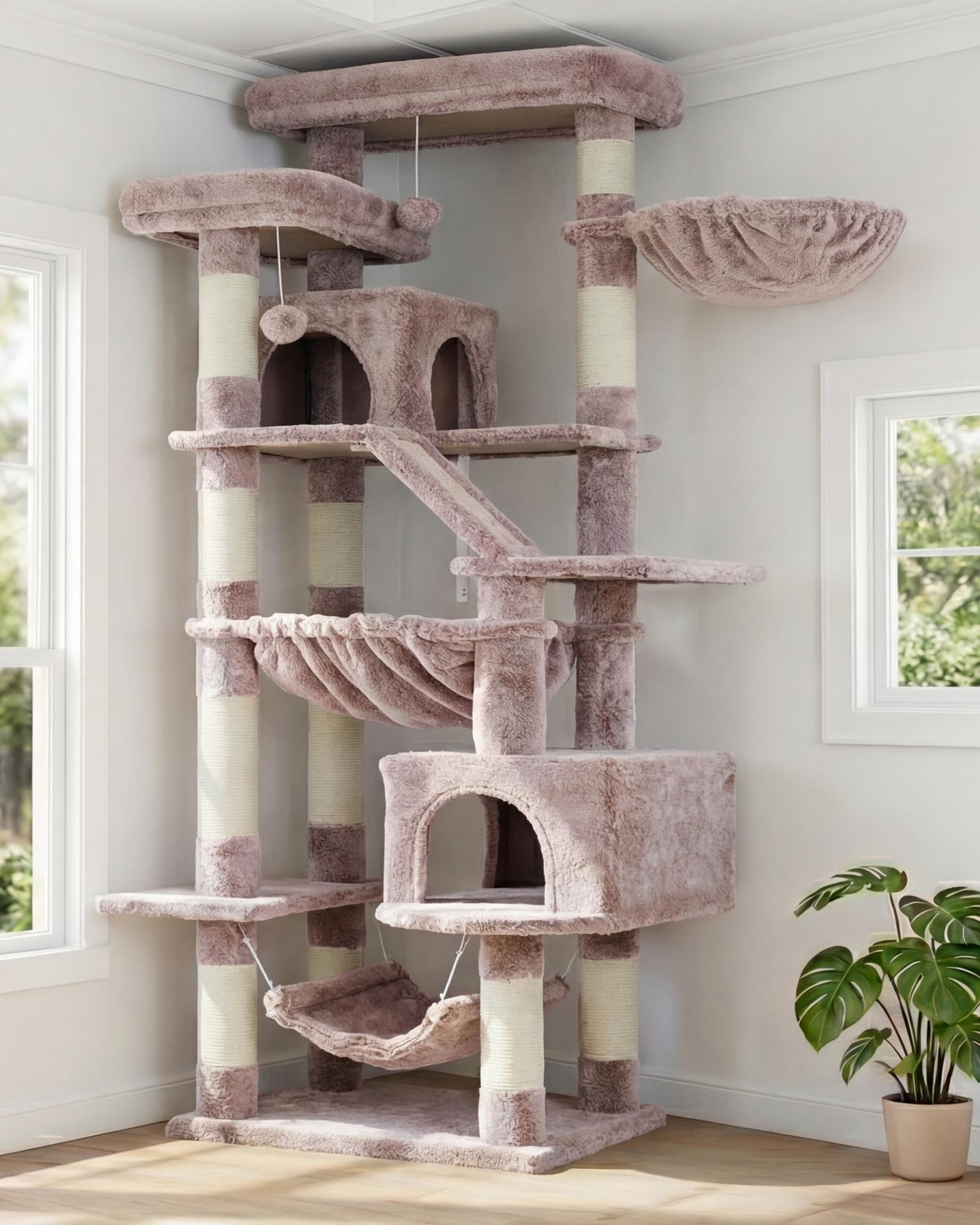 Heybly Kratzbaum, 180 cm Hoher Katzenturm für Wohnungskatzen mit 2 Plattformen, 2 Großen Schlafhäusern, 2 Hängematten, Korb und Kratzbrett, Großes Katzenmöbel mit Schlafplatz.