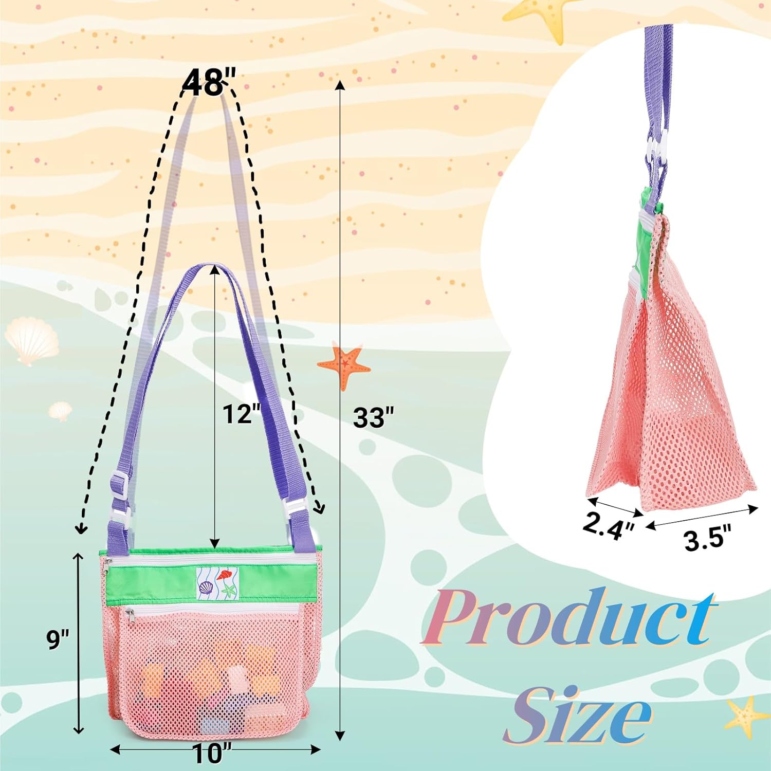3 Pack Mesh Bag for Holding Beach Shell, Multi-Color Sand Toys Storage Tote Bags, Sea Shell Collecting Bag with Adjustable Carrying Straps and Zipper for Swimming Gifts (3 Styles)