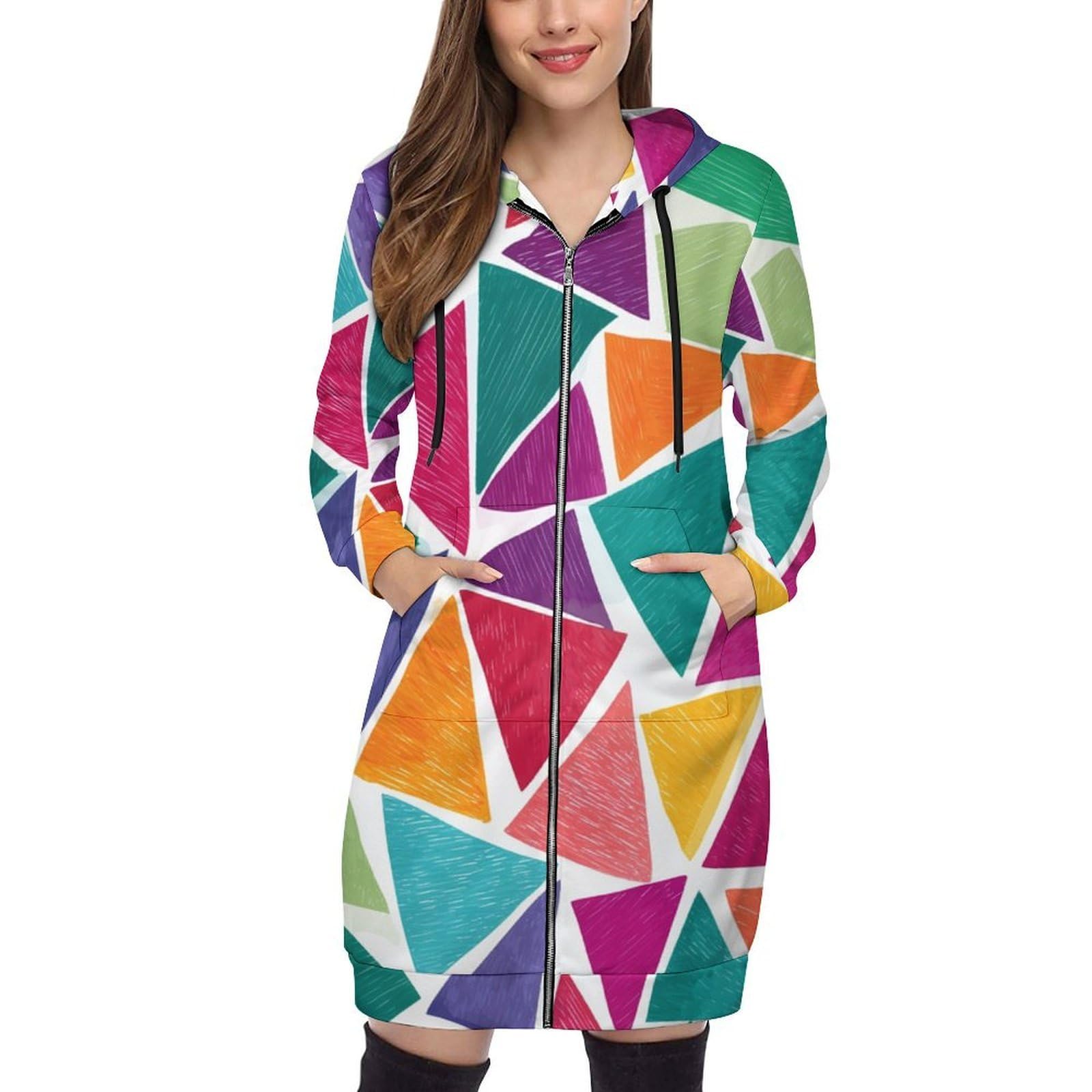 Felpa Donna con Zip Felpe Sportiva con Tasche E Cappuccio Motivo A Triangolo Colorato Morbida Invernale Giacca Regolabile Confortevole per Uso Quotidiano Casual