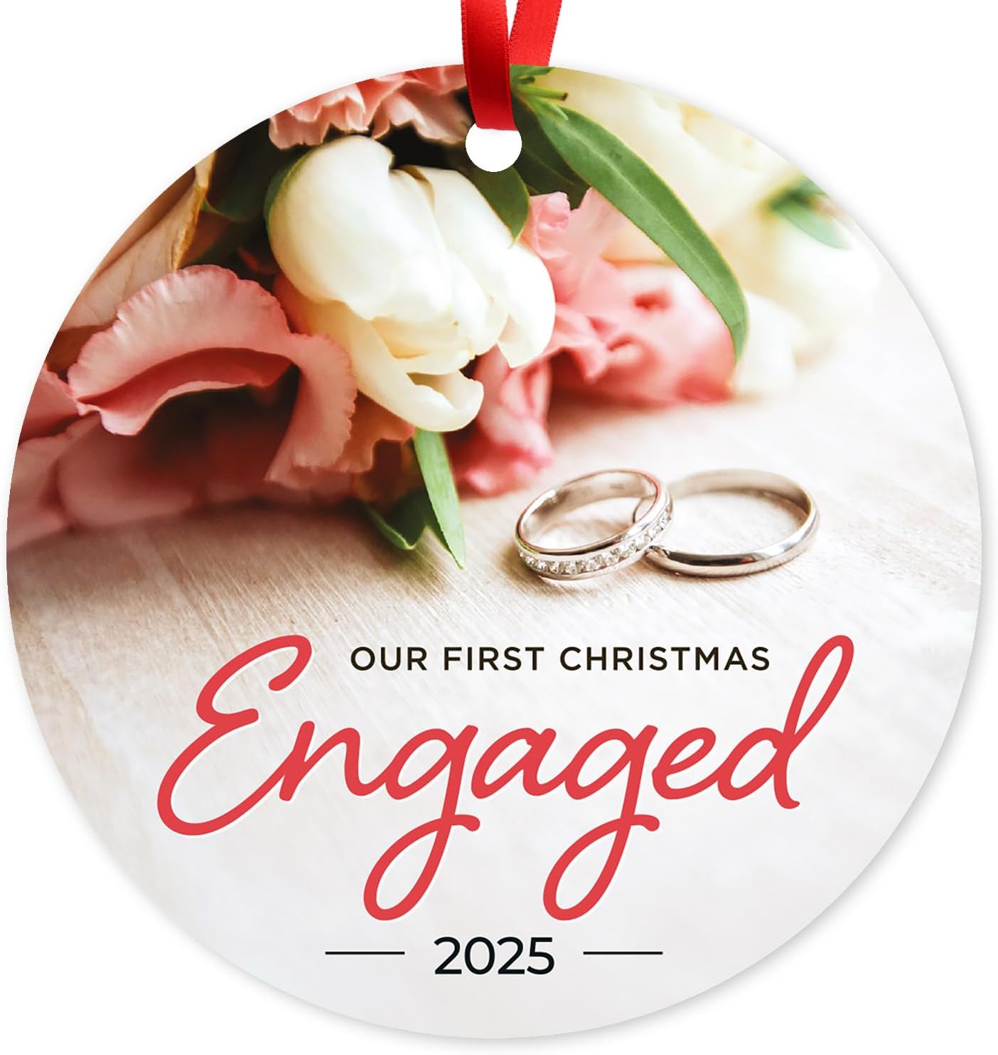 Soul Décor Christmas Ornaments Decorations, Our First Christmas Engaged 2025 Ornament, Velvet Pouch and Red Ribbon Included, Large 3.75" Round Ornament, Made in The USA