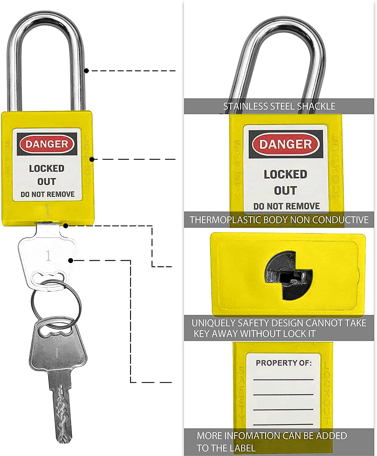 SAFBY 50 cerraduras de bloqueo diferentes con llave con 50 etiquetas de bloqueo – Candados Loto Safe para bloquear estaciones y dispositivos (1-50 amarillo)