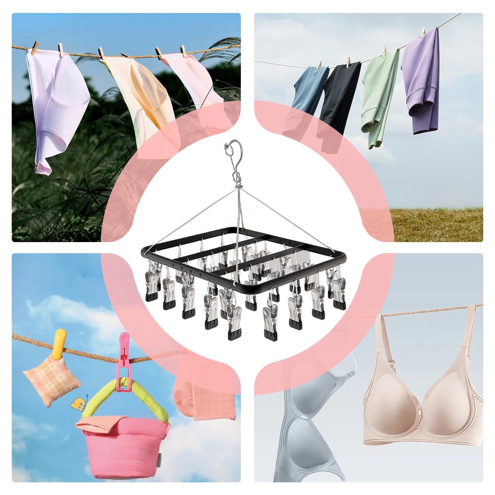 Stendibiancheria da appendere per biancheria intima con 36 clip, in lega di alluminio con pioli in acciaio inossidabile, forte portante per pantaloni, asciugamani, sciarpe, per interni ed esterni