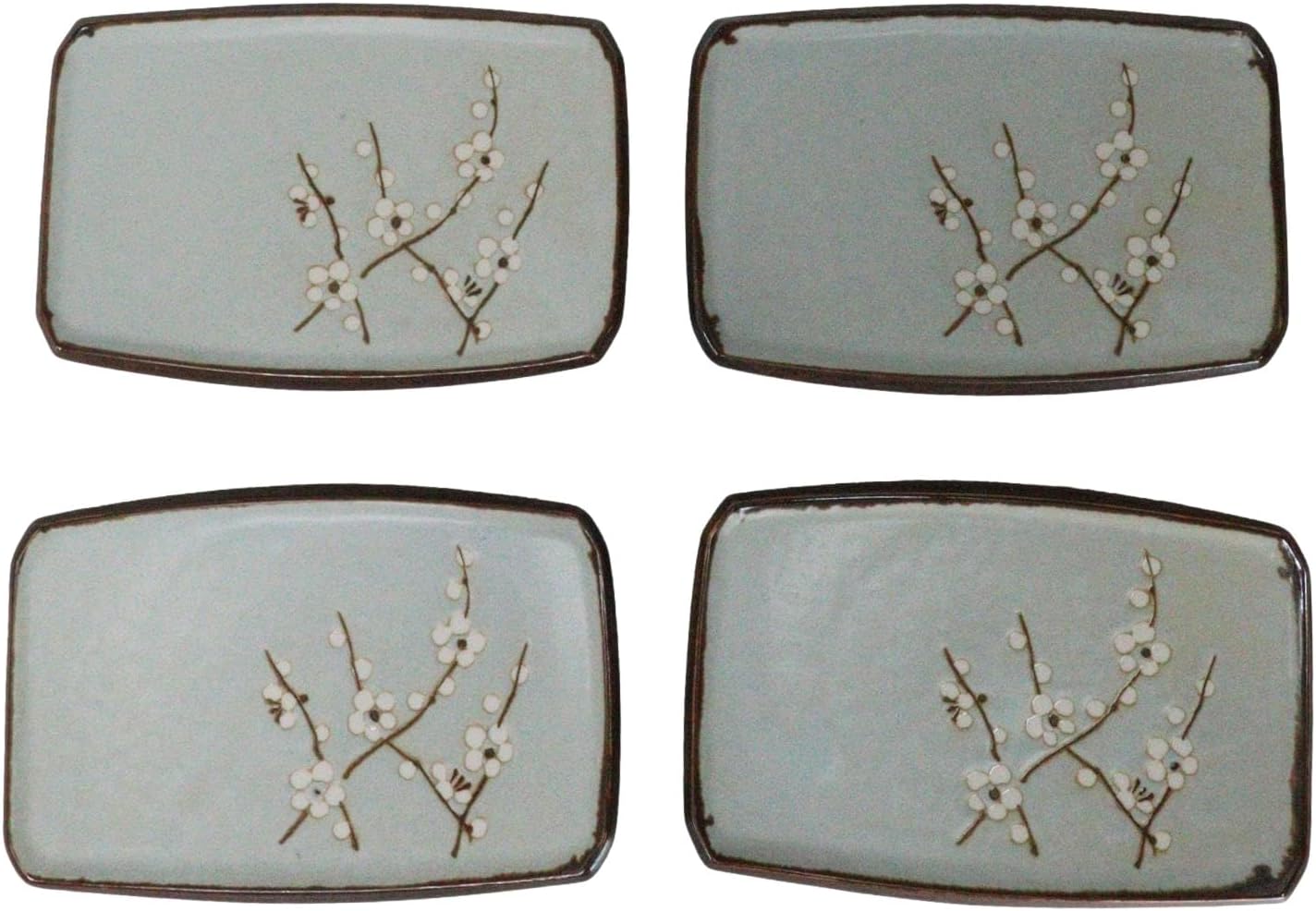 Ebros Gift Pack Of 4 Restaurant Grade Made In Japan Soushun Sakura Spring Cherry Blossoms Blue Plum Porcelain Serving Rectangular Plate or Slate Appetizer Sushi Sashimi Dessert