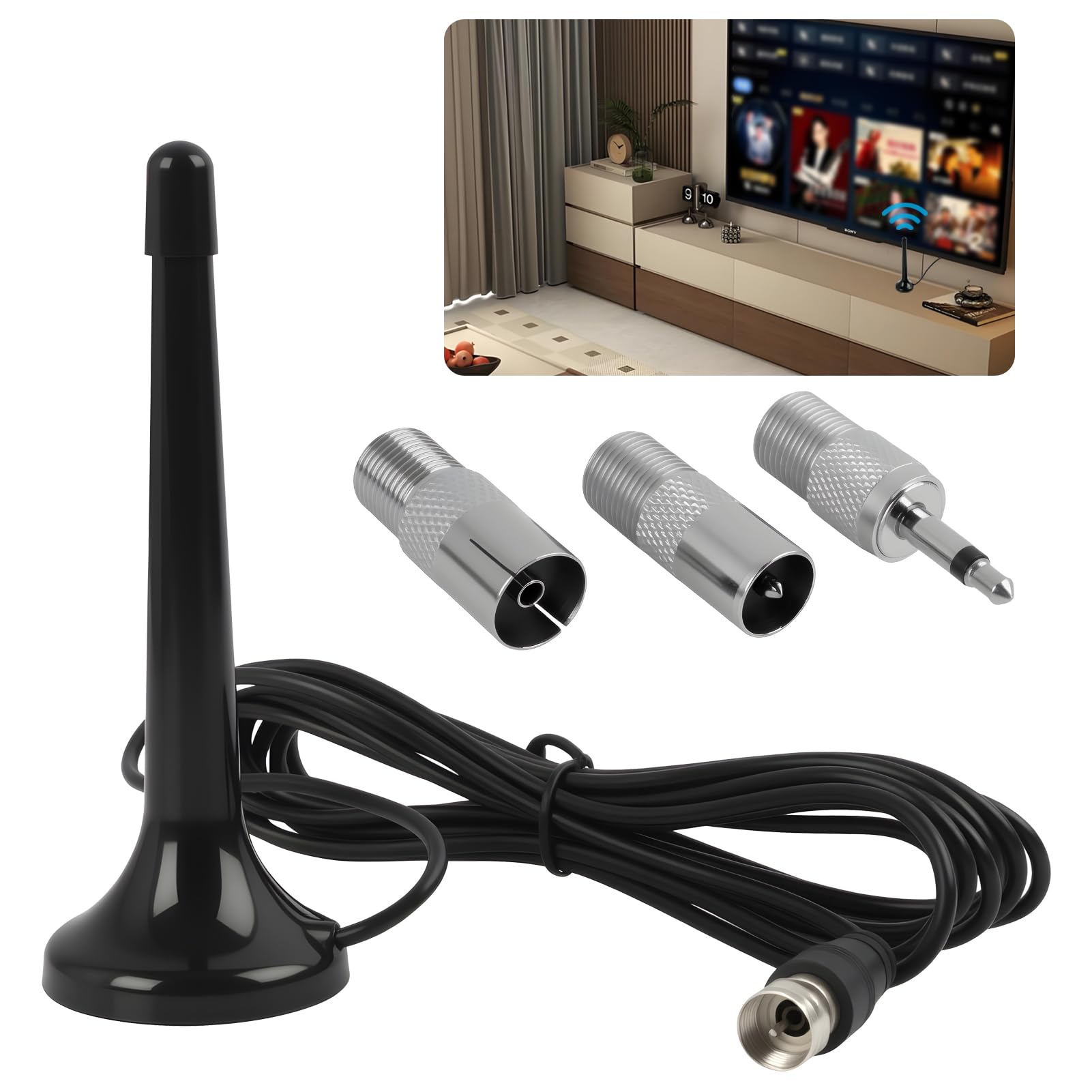 Antena Telescópica Para TV Y Radio - Base Magnética, Cable 3m, Compatible Con DTMB/ATSC/DVB-T2, Recepción VHF/UHF/FM