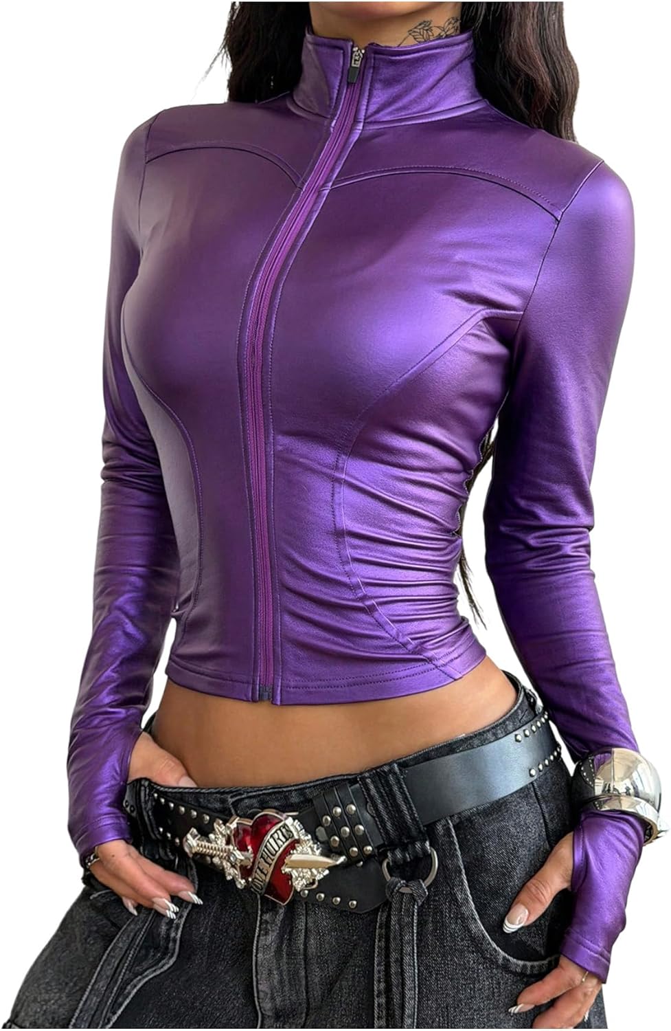 GORGLITTER Women's Cropped Leather Jacket Y2K Fitted Motorcycle Outerwear Zip Up Long Sleeve Coat Spring Clothes