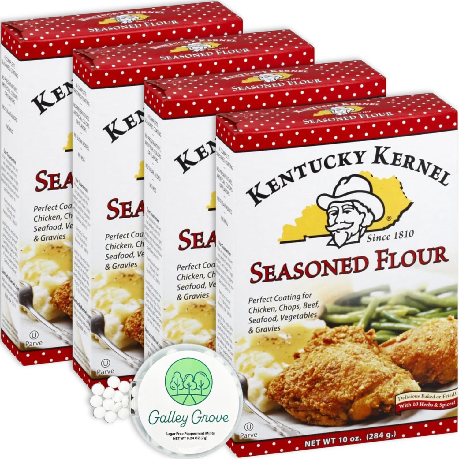 Kentucky Kernel Seasoned Flour Mix Coating Bulk 10 oz (4-Pack), 40 Total Ounces, Chicken, Chops, Beef, Seafood, Vegetables, Fried Pickles and Gravies With Galley Grove Sugar Free Mints