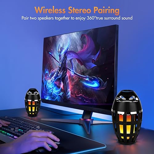 Miniatura 5 de Houkiper Altavoces de llama Bluetooth para exteriores, 1 paquete de altavoces inalámbricos 5.0 para interiores y exteriores con estacas, audio HD y