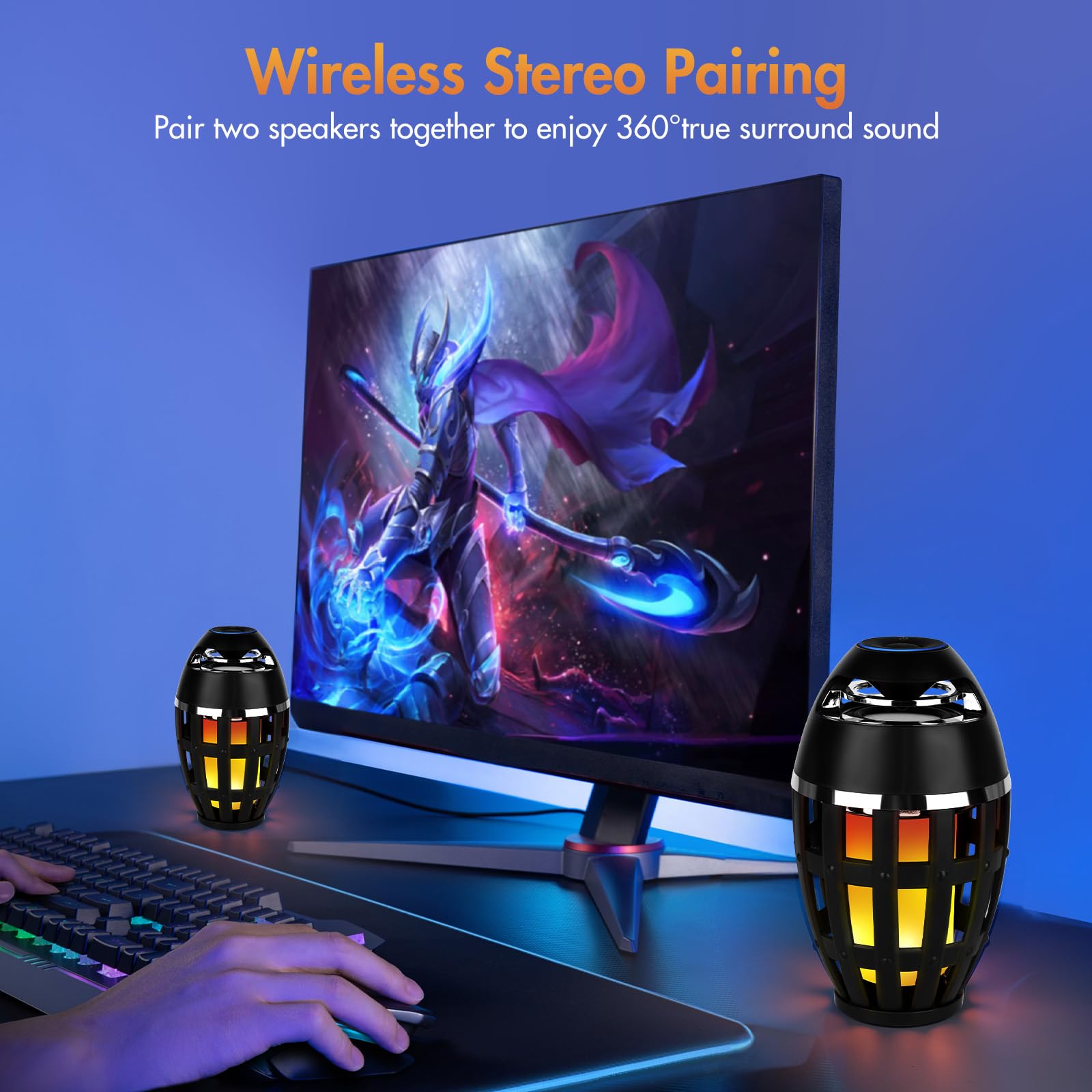 ALLOMN Altoparlante Bluetooth per esterni, con luce di fiamma, confezione da 2 altoparlanti a LED per esterni, Bluetooth, impermeabile, senza fili, per veranda, giardino, cortile
