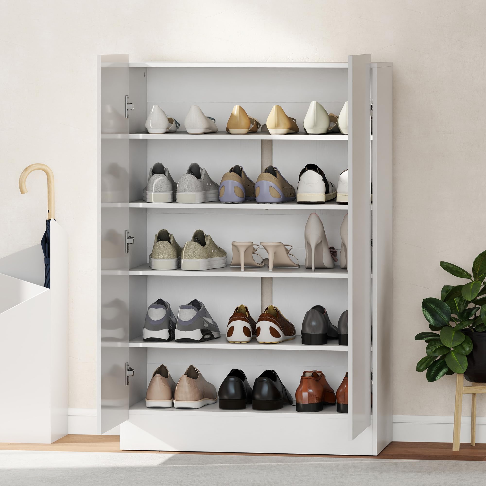 HOMCOM Szafka na buty reg. półkami, drzwi błyszczące, 72x34,5x103cm, Biały | Regał na buty, otwory wentylacyjne, przechowywanie butów z funkcją soft-close, komoda na buty, na 15–20 par butów, Biały