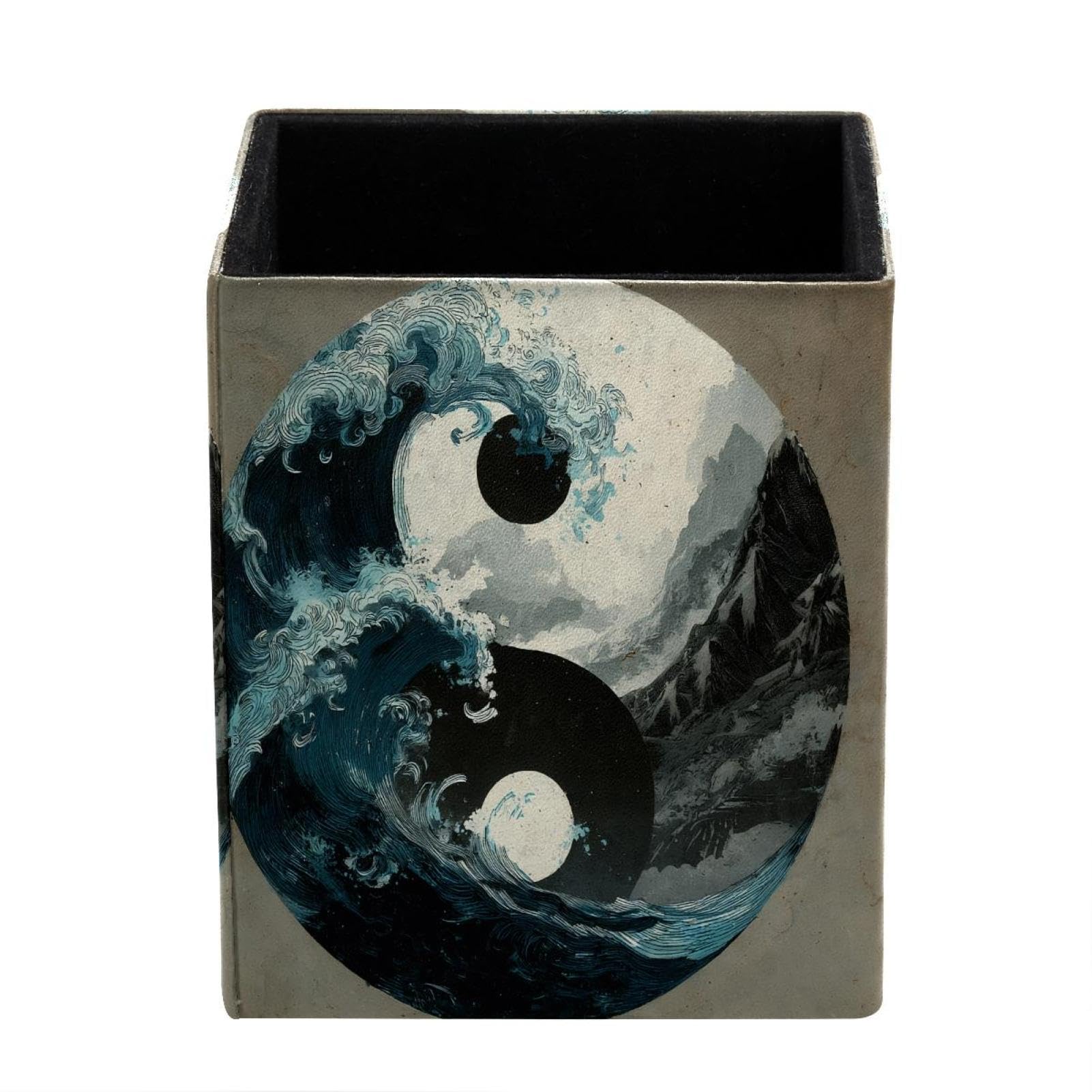 XingFox Wave Mountain Yin Yang Pen Holder for Desk Deco, Sqaure PVC Leather Pencil Cup for Desk Pen Organizer, Makeup Brush Holder for School, Home, Office