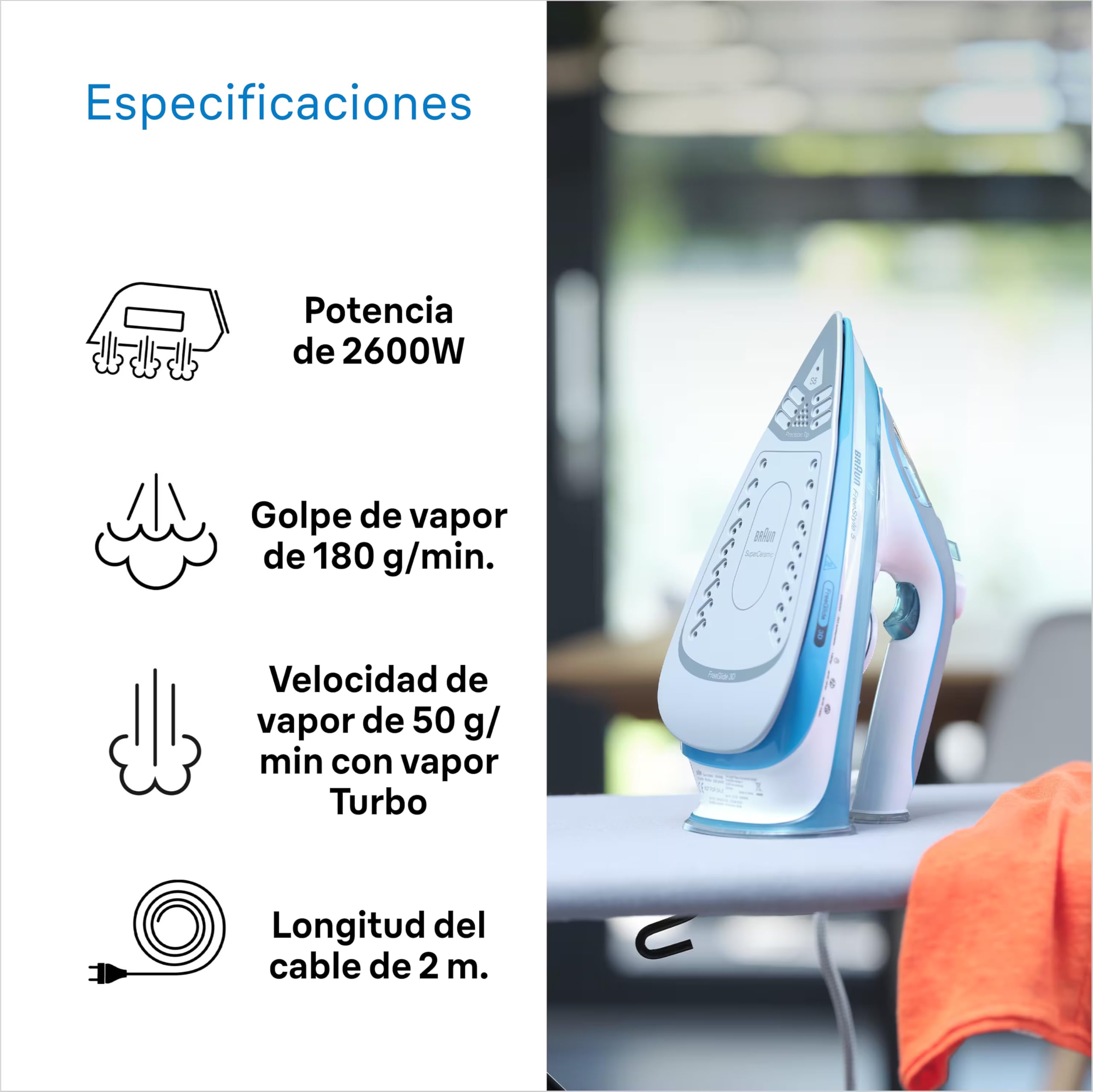 Braun Household Braun FreeStyle 5 SI 5006 BL-Plancha Suela FreeGlide 3D, Vertical, 2600 W, Golpe de Vapor 180 g/min, depósito de Agua de 300 ml, Color Azul
