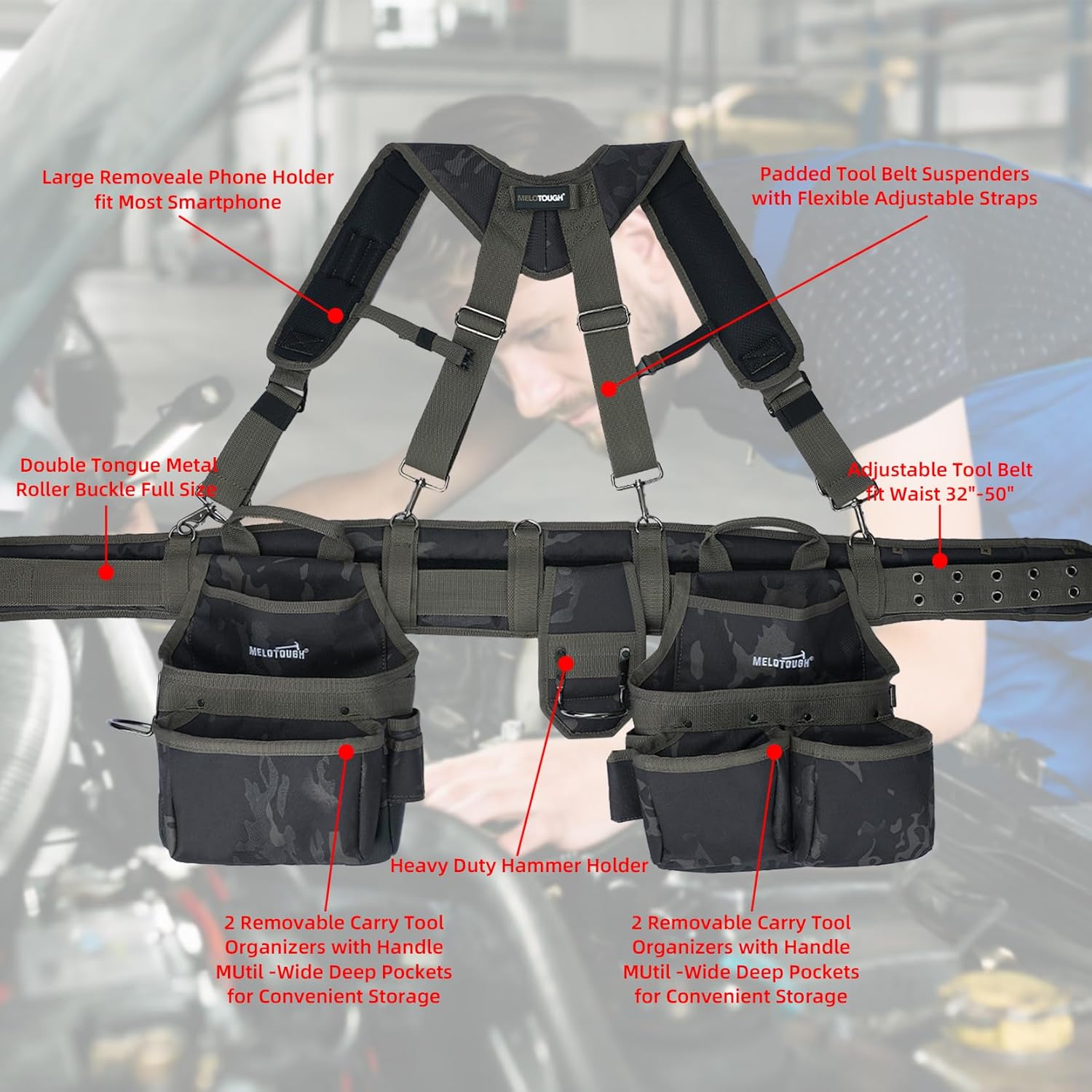 MELOTOUGH Camo Tool Belt with Suspenders Camouflage Tool Pouch Organizer Supenders Framers Combo Apron Tool Belt Construction Tool Bag Suspenders Heavy Duty Carpenter Suspension Rig (Green Camo)