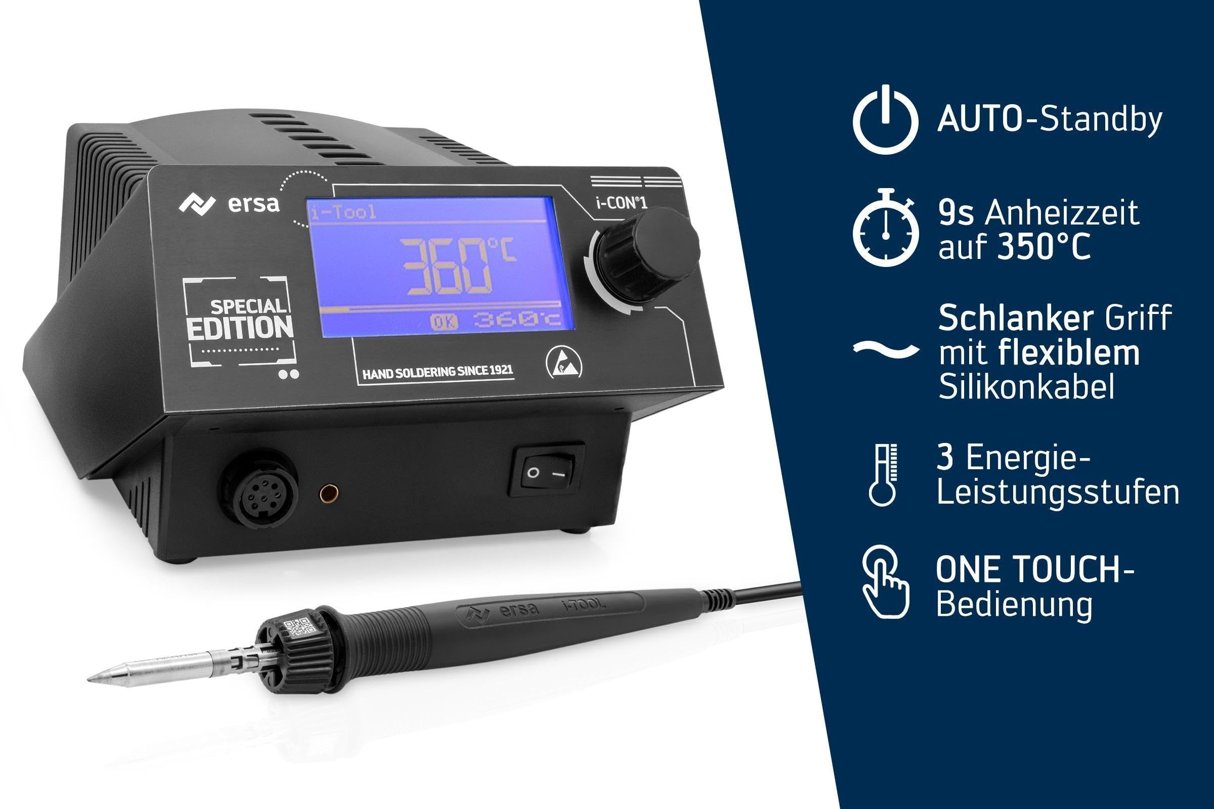 ERSA i-CON1 MK2 digitale 1-Kanal Industrie-Lötstation 50–450 °C mit 150 W i-TOOL MK2 Tip’n’Turn – antistatischer Spitzenwechsel – Profi-Set mit 6-teiligem Zubehör