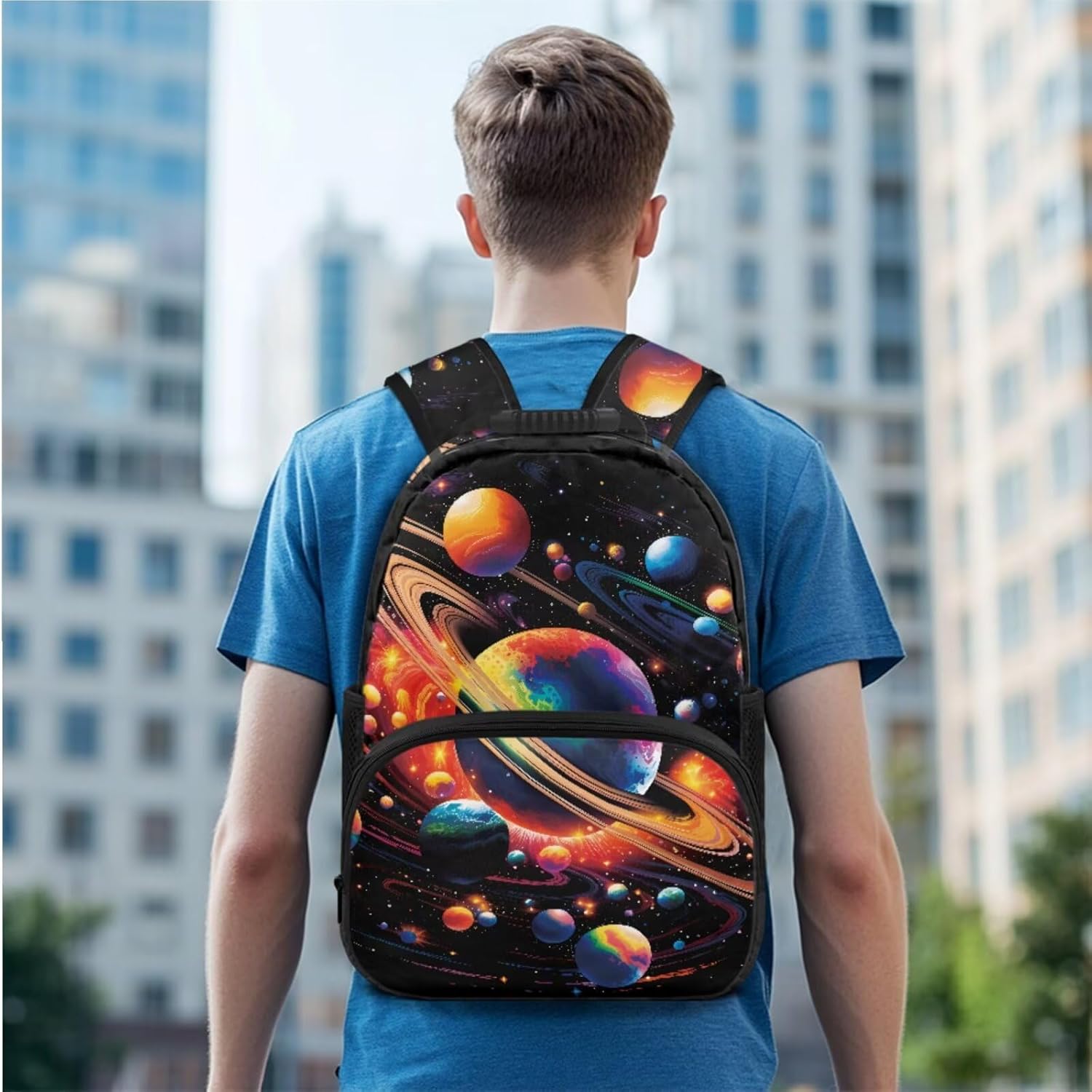 Colorful Planets Backpack for Boys 3 Pieces Kids School Bag with Lunch Bag Large Capacity Boys Bookbag Ages 4-6 for Elementary School Students Knapsack