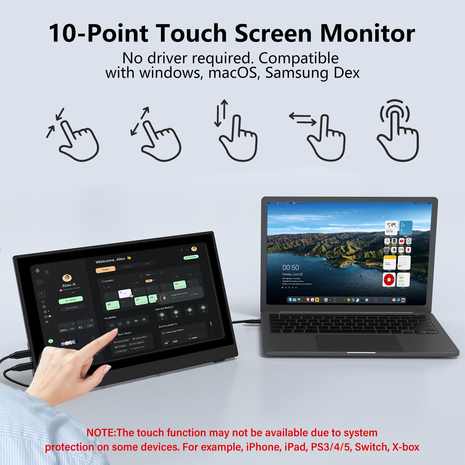 InnoView 15.6" Portable Monitor 60Hz Touchscreen 1080P 10-Point Touch Screen Monitor Portable with Protective Sleeve Built-in Stand, 1200:1 HDMI USB C Travel Monitors for Laptop, PC, Phone view 5