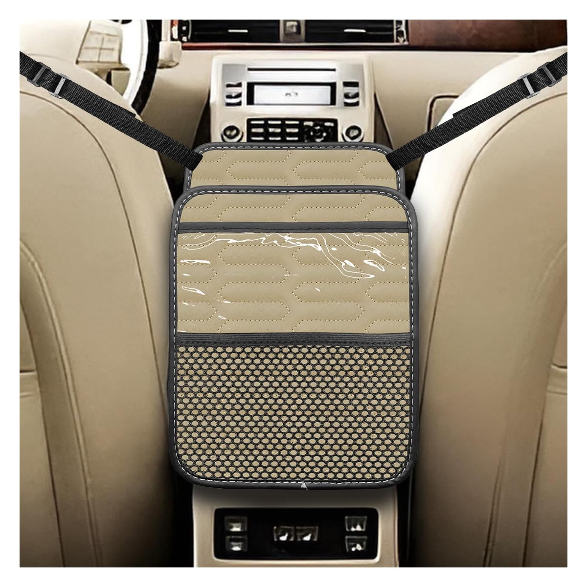 Photo 1 of KPFILEH Car Between Seat Organizer, Premium Leather Auto Storage Bag, Large Capacity Cup Holder & Console Storage, Multifunctional Car Seat Gap Organizer with Barrier for Kids & Pets (Beige)